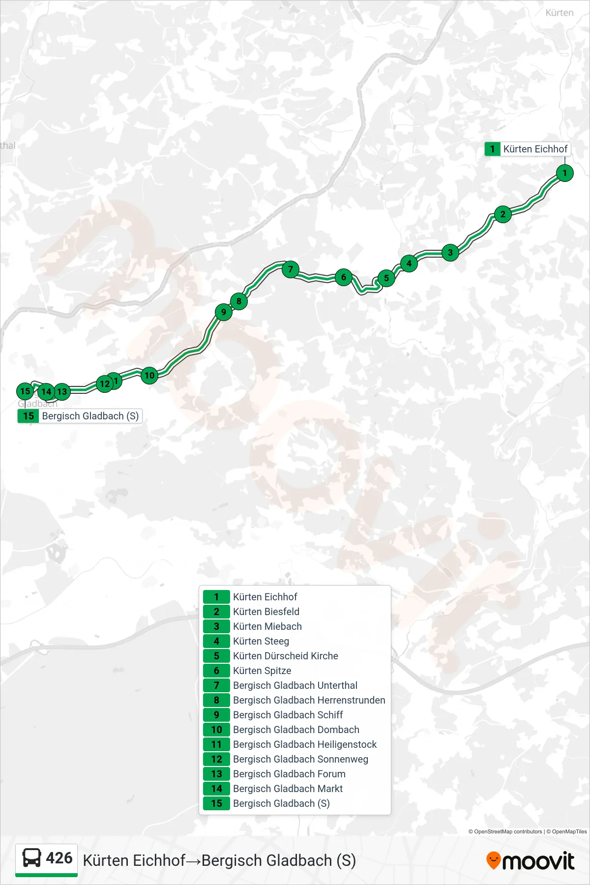 Linie 426 (Bus) Richtung Kürten Eichhof→Bergisch Gladbach (S): Route und Haltestellen auf der Karte