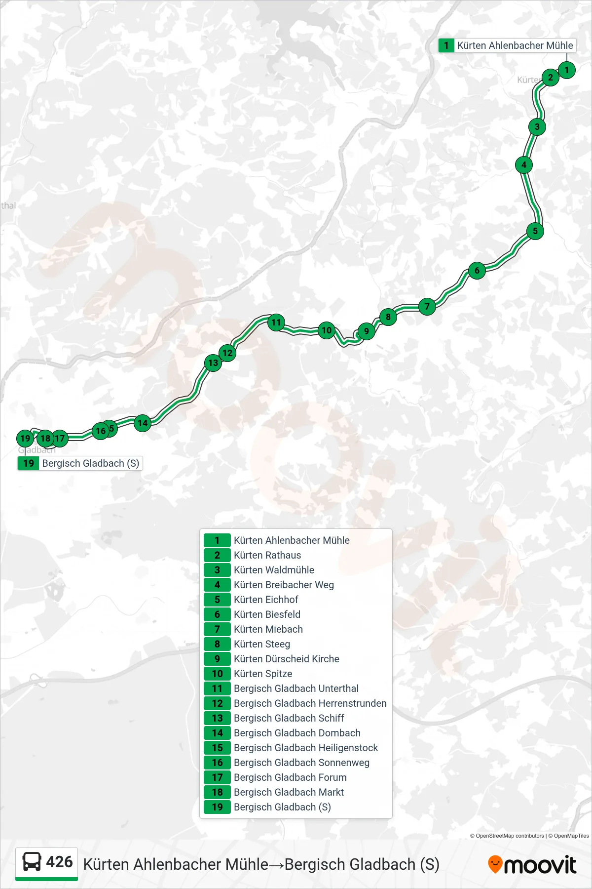 426 bus Line (Kürten Ahlenbacher Mühle→Bergisch Gladbach (S)) route and stops on a map
