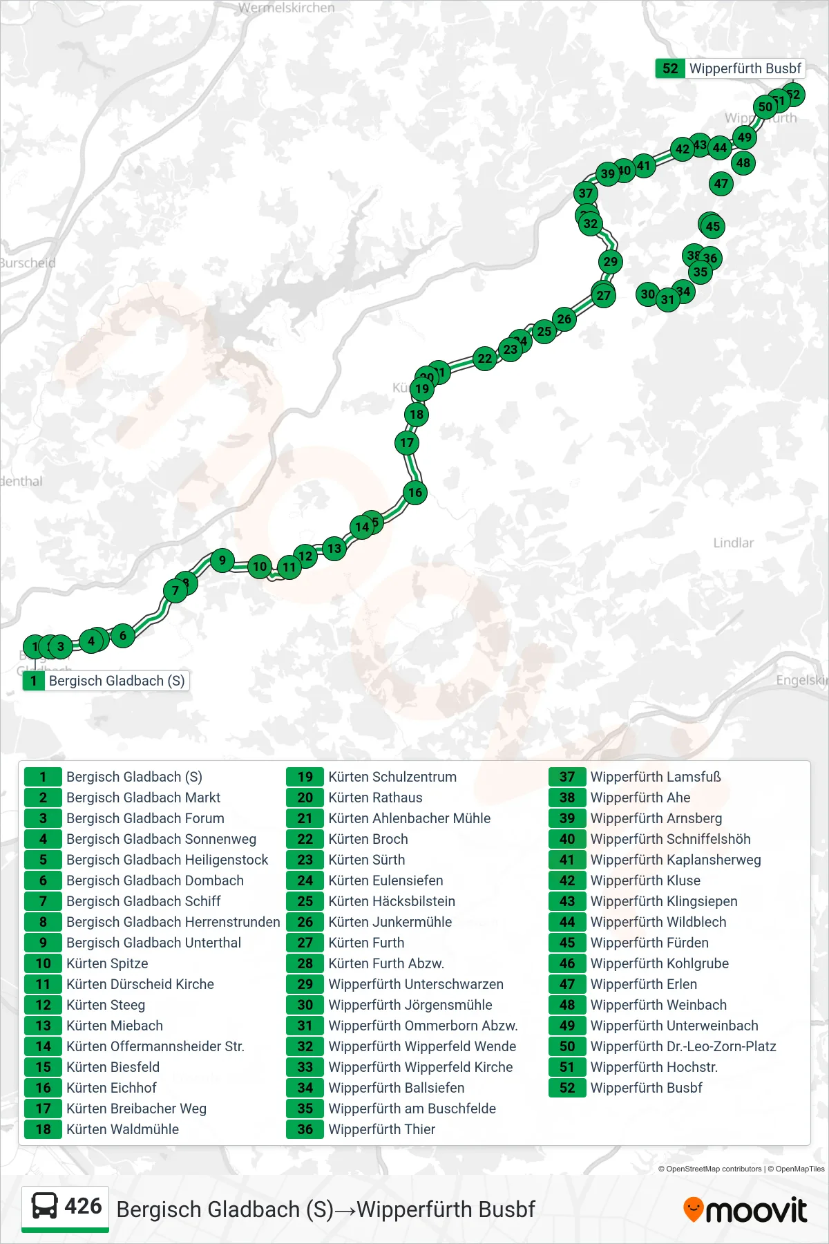 426 bus Line (Bergisch Gladbach (S)→Wipperfürth Busbf) route and stops on a map