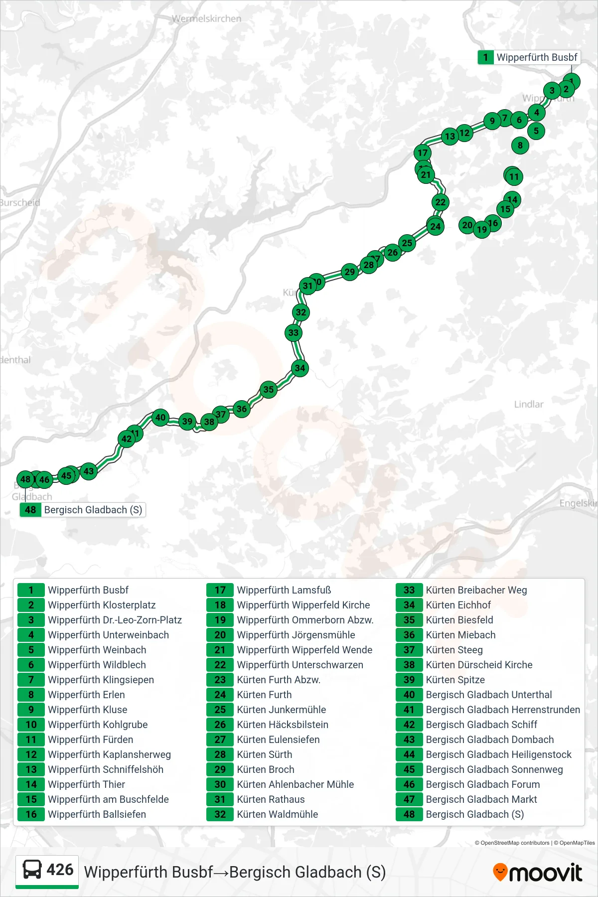 426 bus Line (Wipperfürth Busbf→Bergisch Gladbach (S)) route and stops on a map