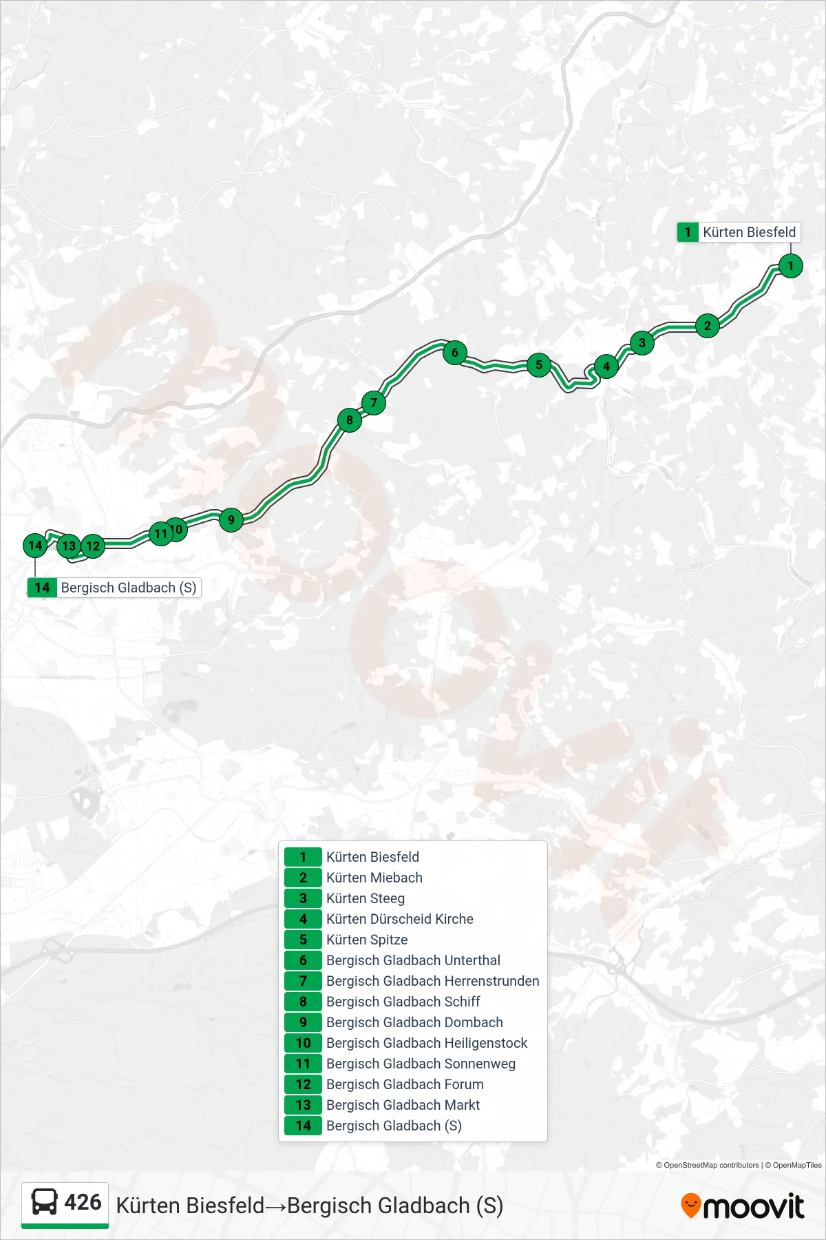 426 bus Line (Kürten Biesfeld→Bergisch Gladbach (S)) route and stops on a map