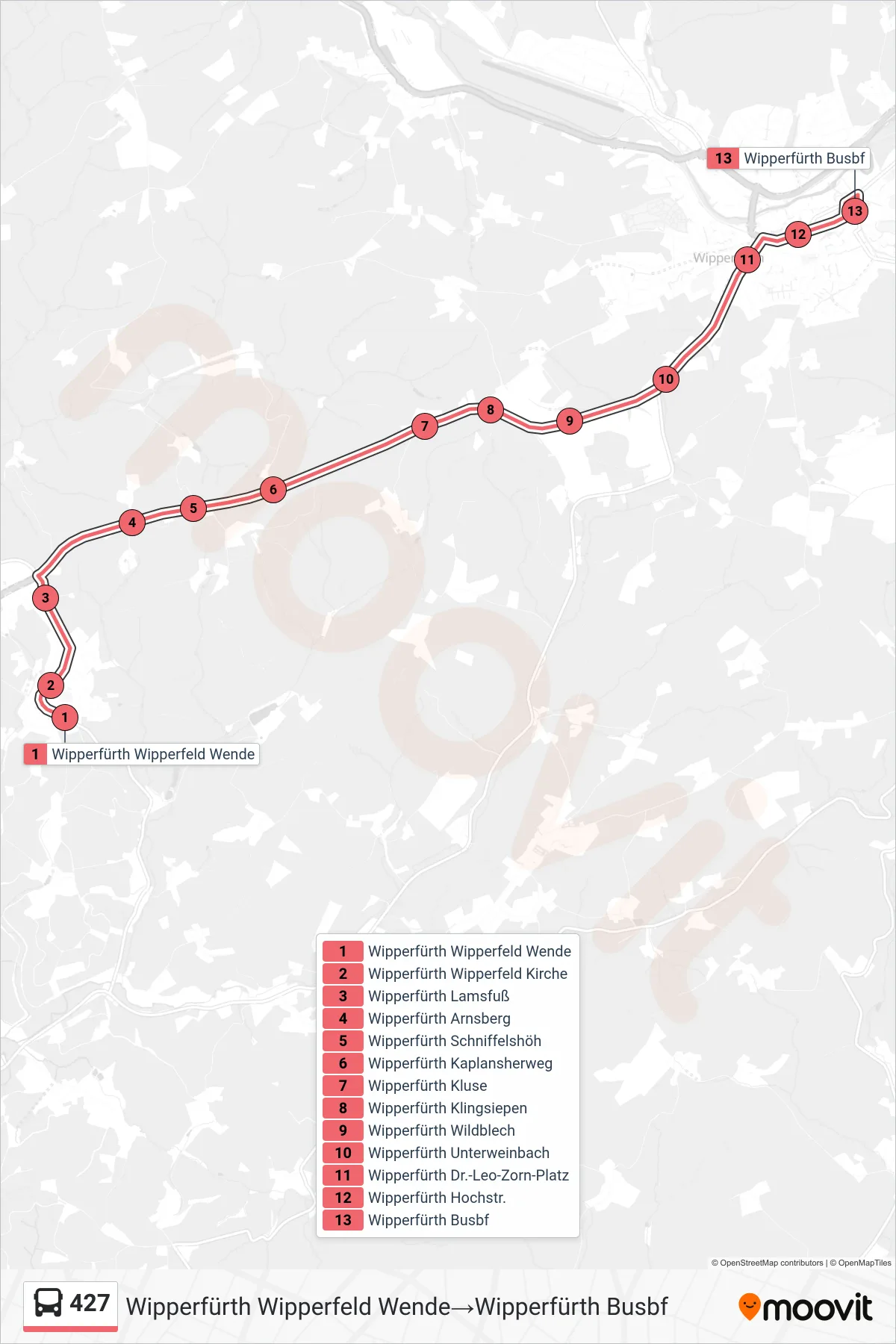 Linie 427 (Bus) Richtung Wipperfürth Wipperfeld Wende→Wipperfürth Busbf: Route und Haltestellen auf der Karte