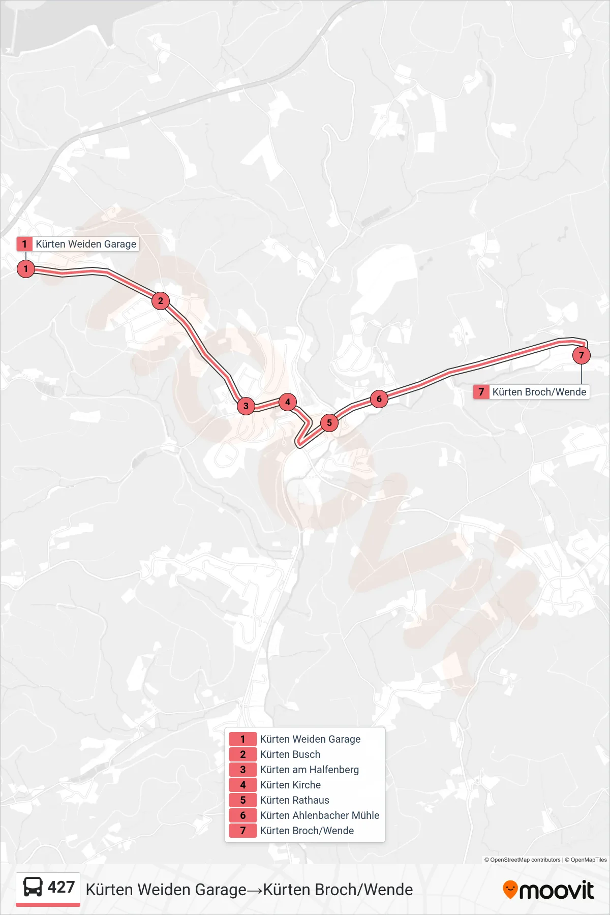 Linie 427 (Bus) Richtung Kürten Weiden Garage→Kürten Broch/Wende: Route und Haltestellen auf der Karte