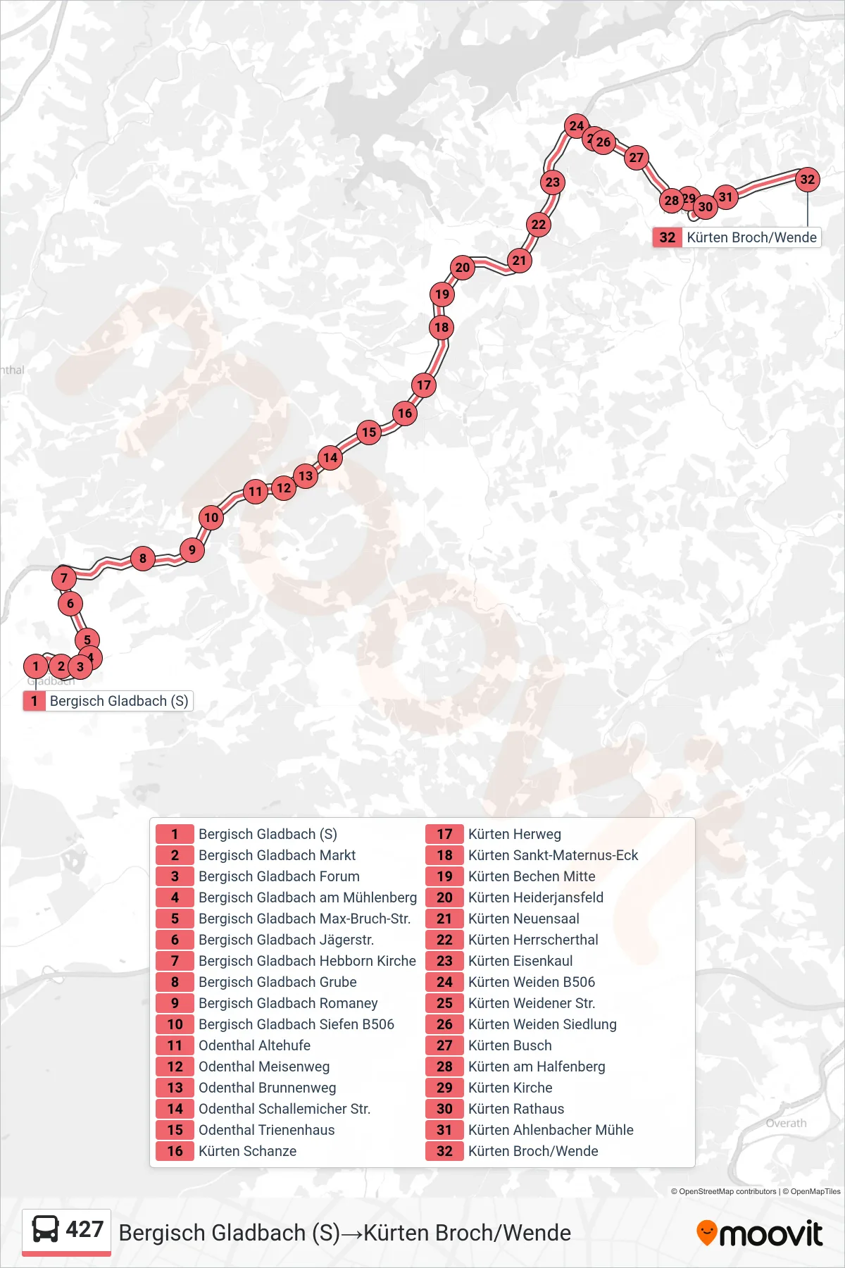 Linie 427 (Bus) Richtung Bergisch Gladbach (S)→Kürten Broch/Wende: Route und Haltestellen auf der Karte
