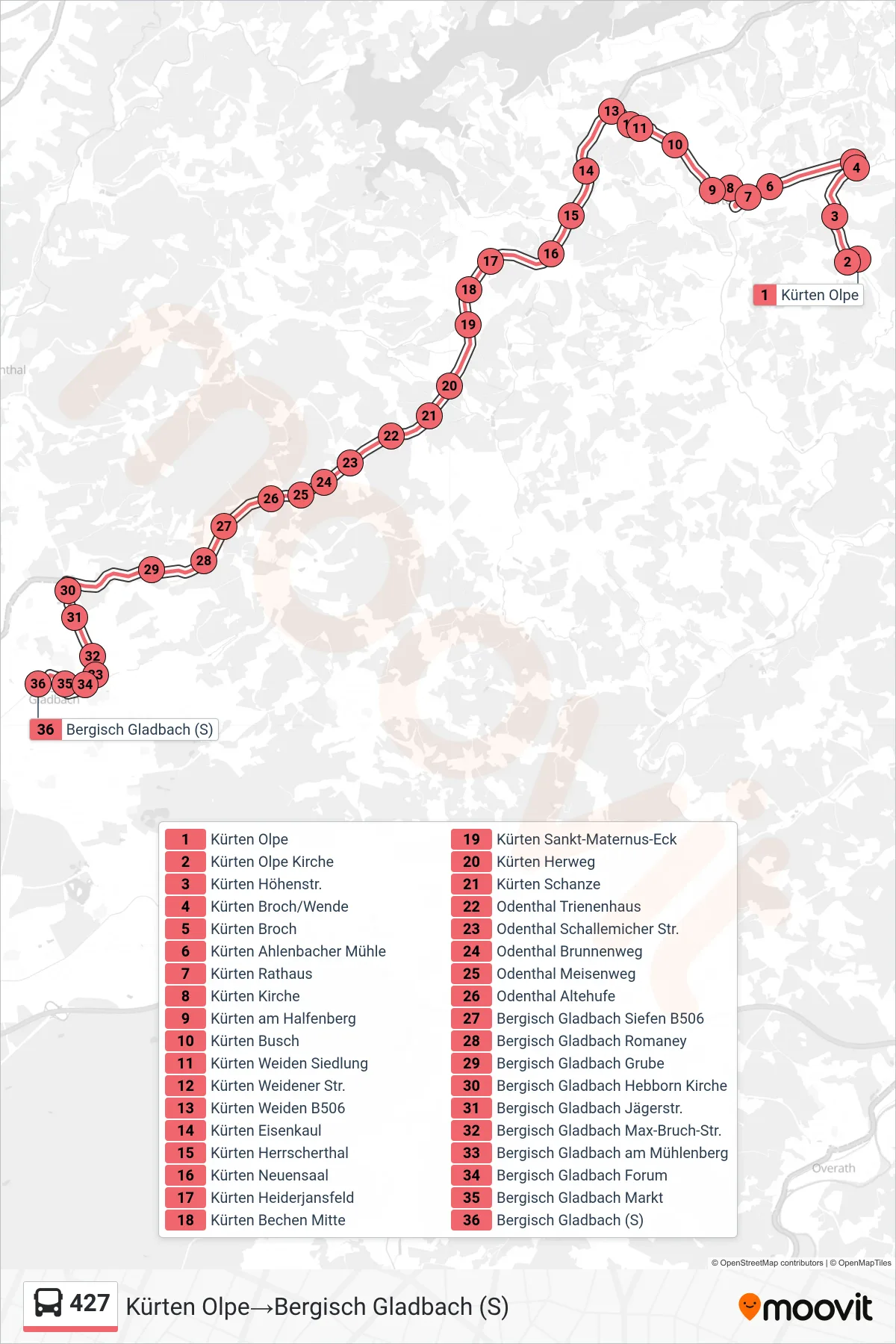 Linie 427 (Bus) Richtung Kürten Olpe‎→Bergisch Gladbach (S): Route und Haltestellen auf der Karte