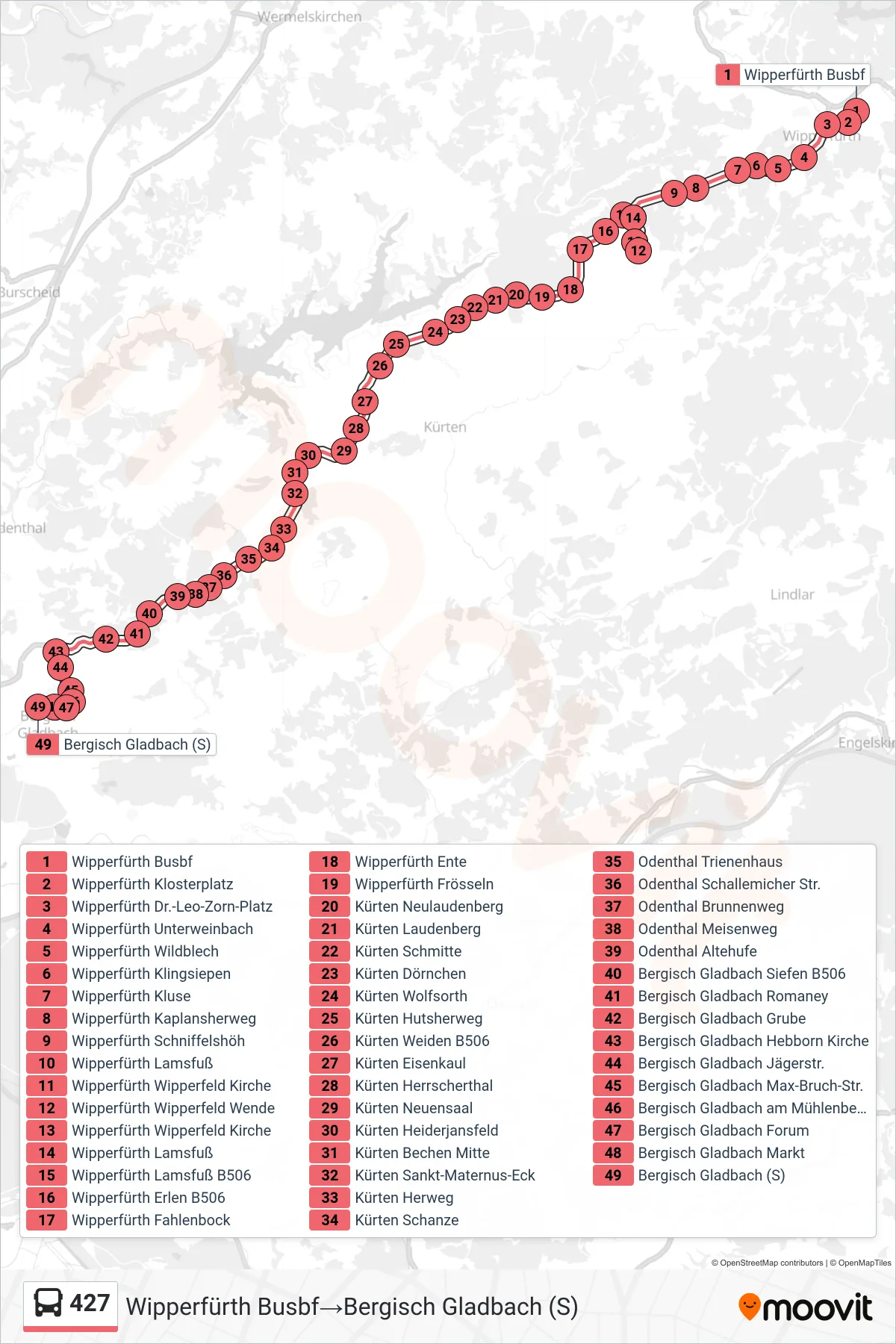 Linie 427 (Bus) Richtung Wipperfürth Busbf→Bergisch Gladbach (S): Route und Haltestellen auf der Karte