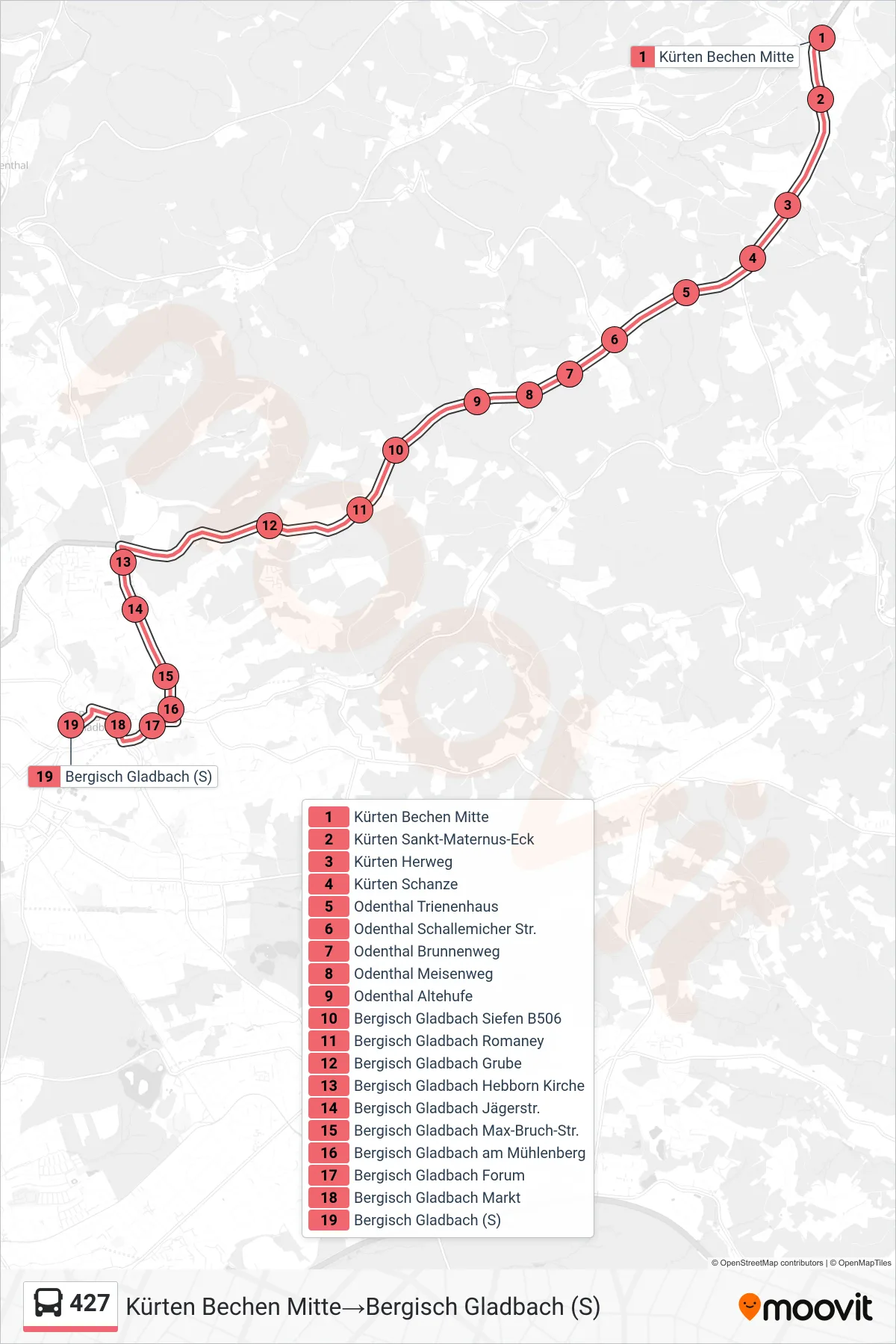 Linie 427 (Bus) Richtung Kürten Bechen Mitte‎→Bergisch Gladbach (S): Route und Haltestellen auf der Karte