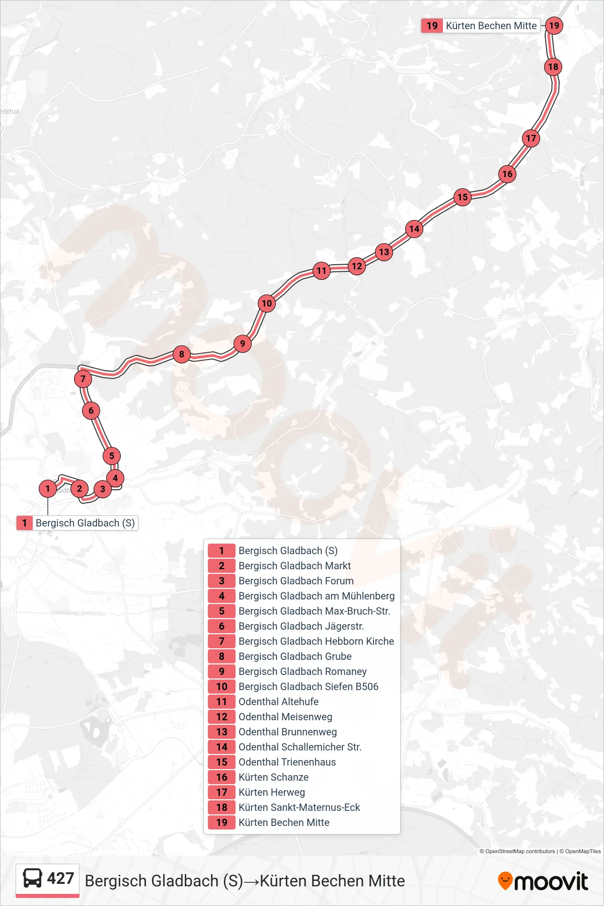 Linie 427 (Bus) Richtung Bergisch Gladbach (S)→Kürten Bechen Mitte: Route und Haltestellen auf der Karte