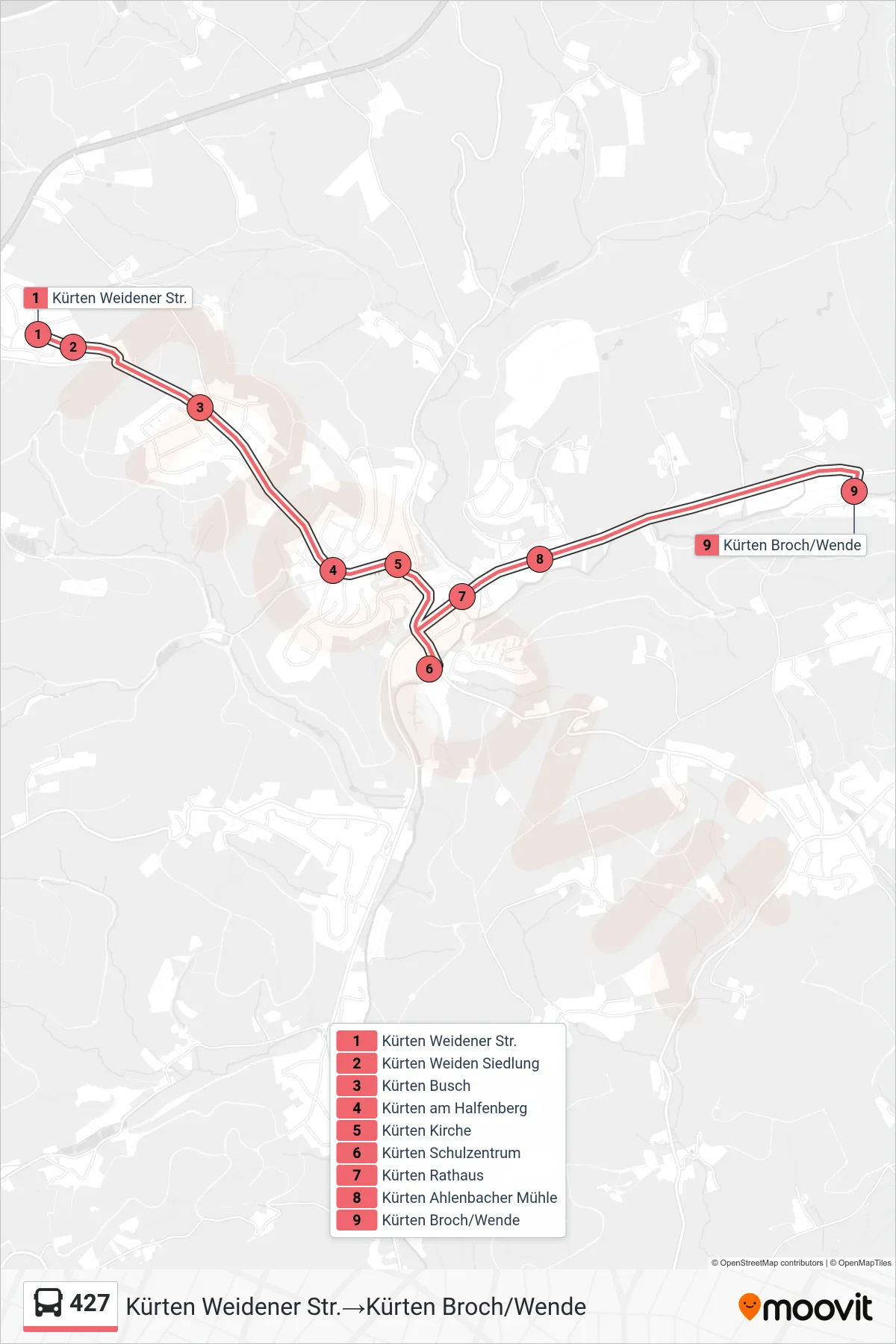 Linie 427 (Bus) Richtung Kürten Weidener Str.→Kürten Broch/Wende: Route und Haltestellen auf der Karte