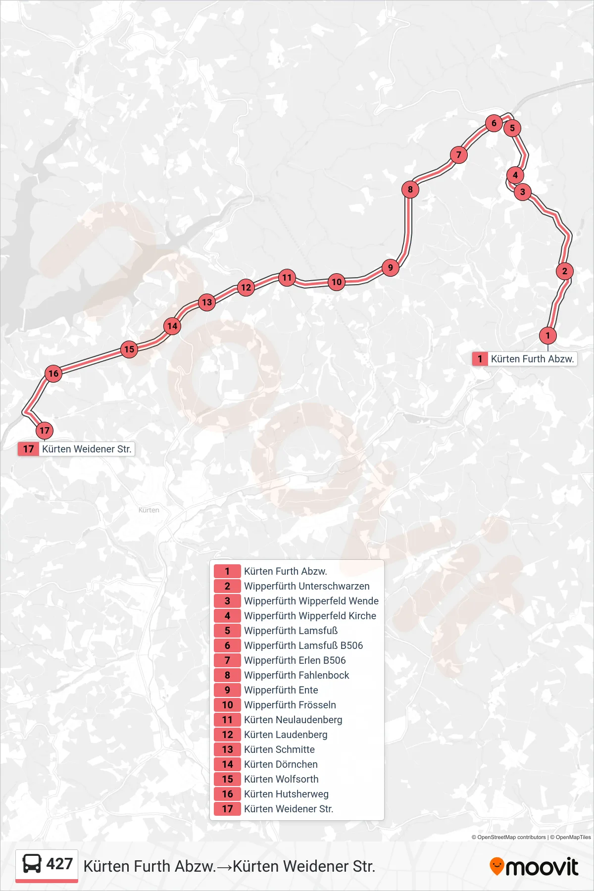 Linie 427 (Bus) Richtung Kürten Furth Abzw.→Kürten Weidener Str.: Route und Haltestellen auf der Karte