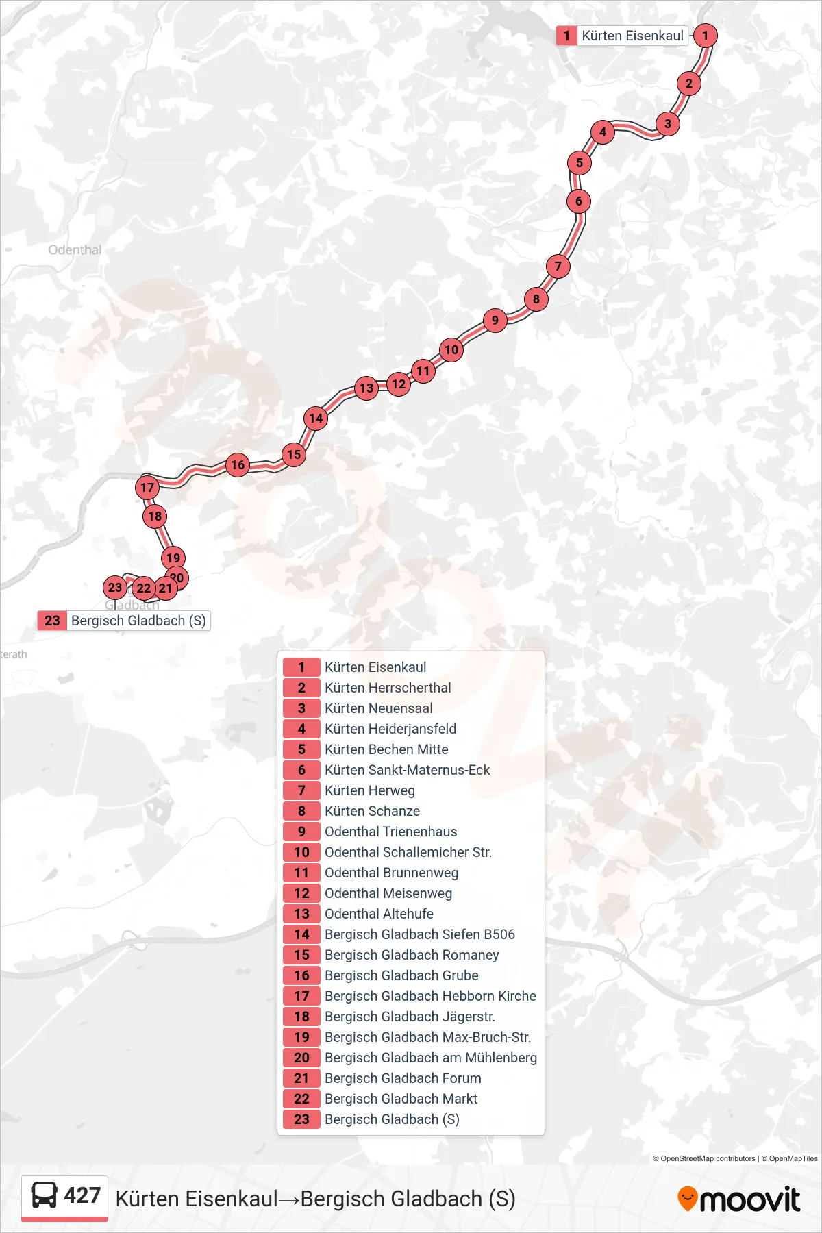 Linie 427 (Bus) Richtung Kürten Eisenkaul‎→Bergisch Gladbach (S): Route und Haltestellen auf der Karte