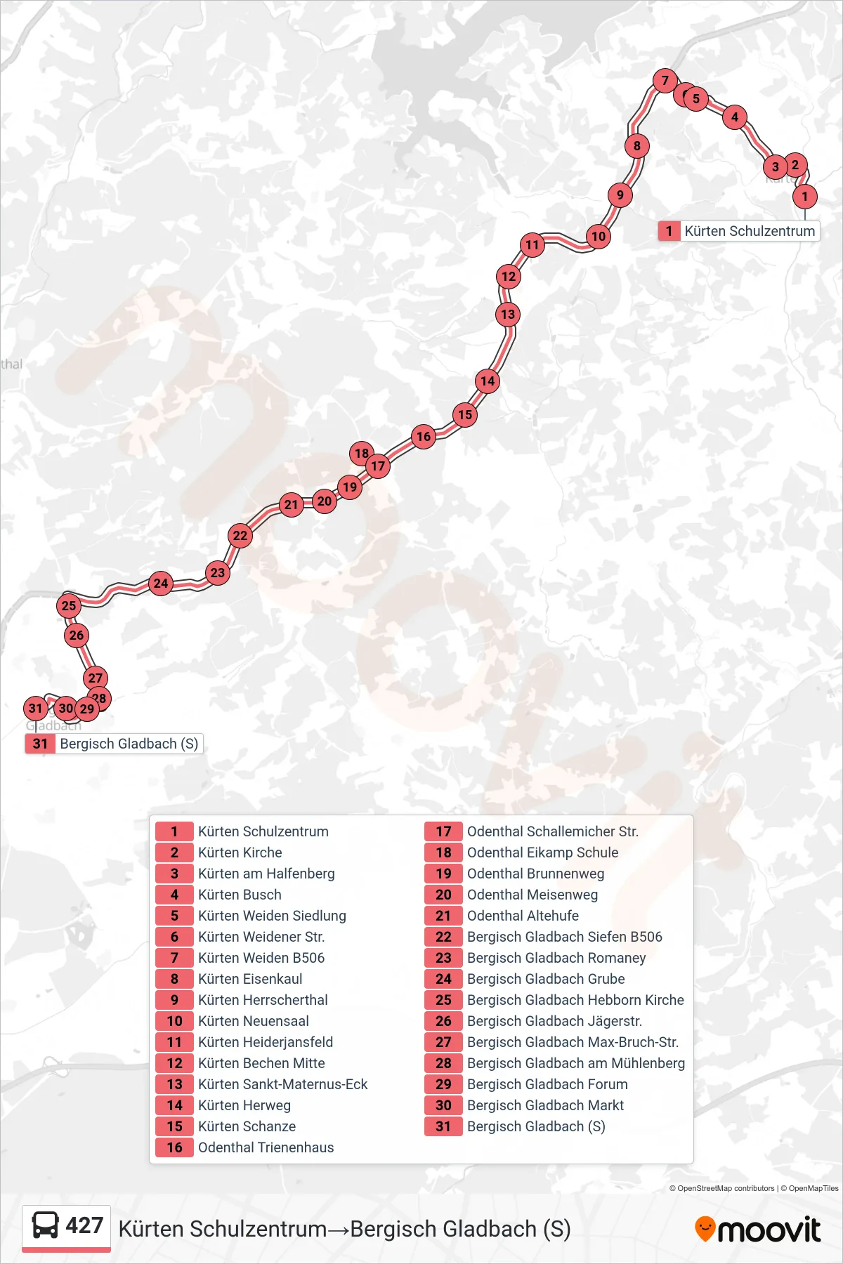 Linie 427 (Bus) Richtung Kürten Schulzentrum→Bergisch Gladbach (S): Route und Haltestellen auf der Karte