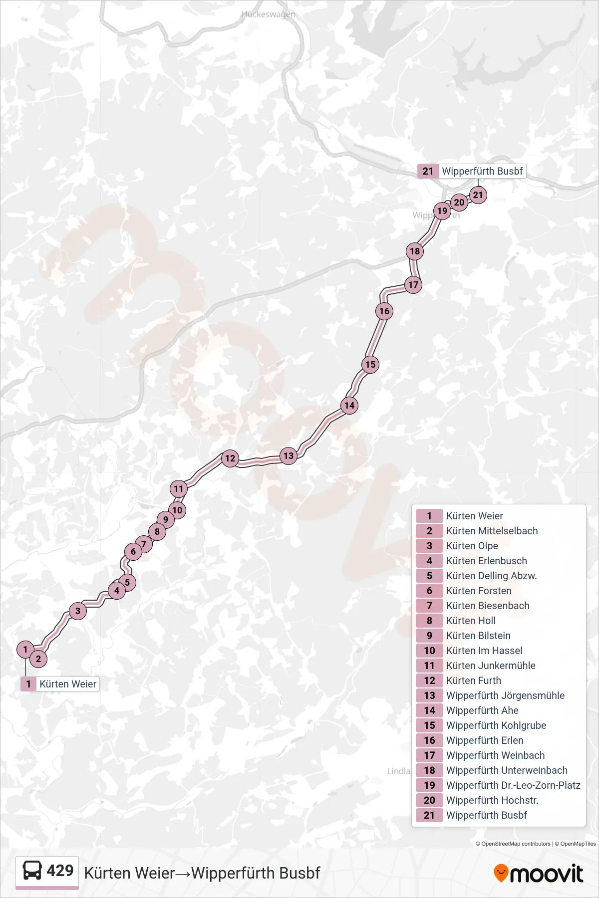 Linie 429 (Bus) Richtung Kürten Weier→Wipperfürth Busbf: Route und Haltestellen auf der Karte