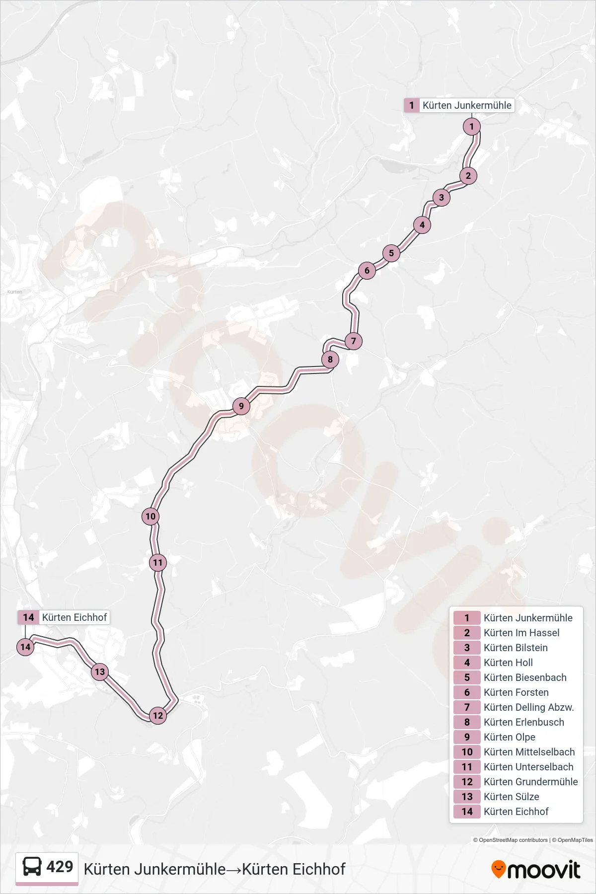 Linie 429 (Bus) Richtung Kürten Junkermühle‎→Kürten Eichhof: Route und Haltestellen auf der Karte