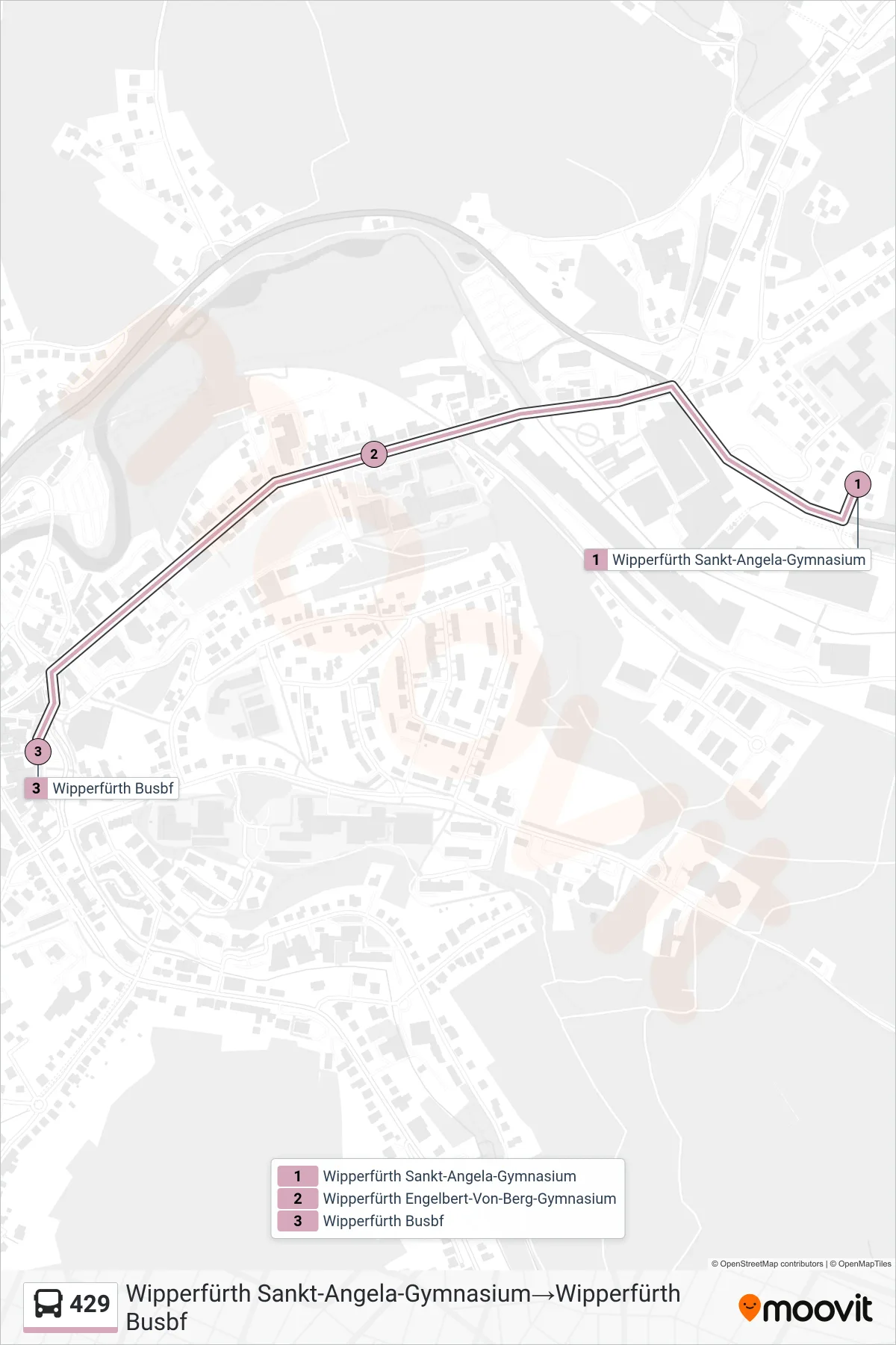 Linie 429 (Bus) Richtung Wipperfürth Sankt-Angela-Gymnasium→Wipperfürth Busbf: Route und Haltestellen auf der Karte