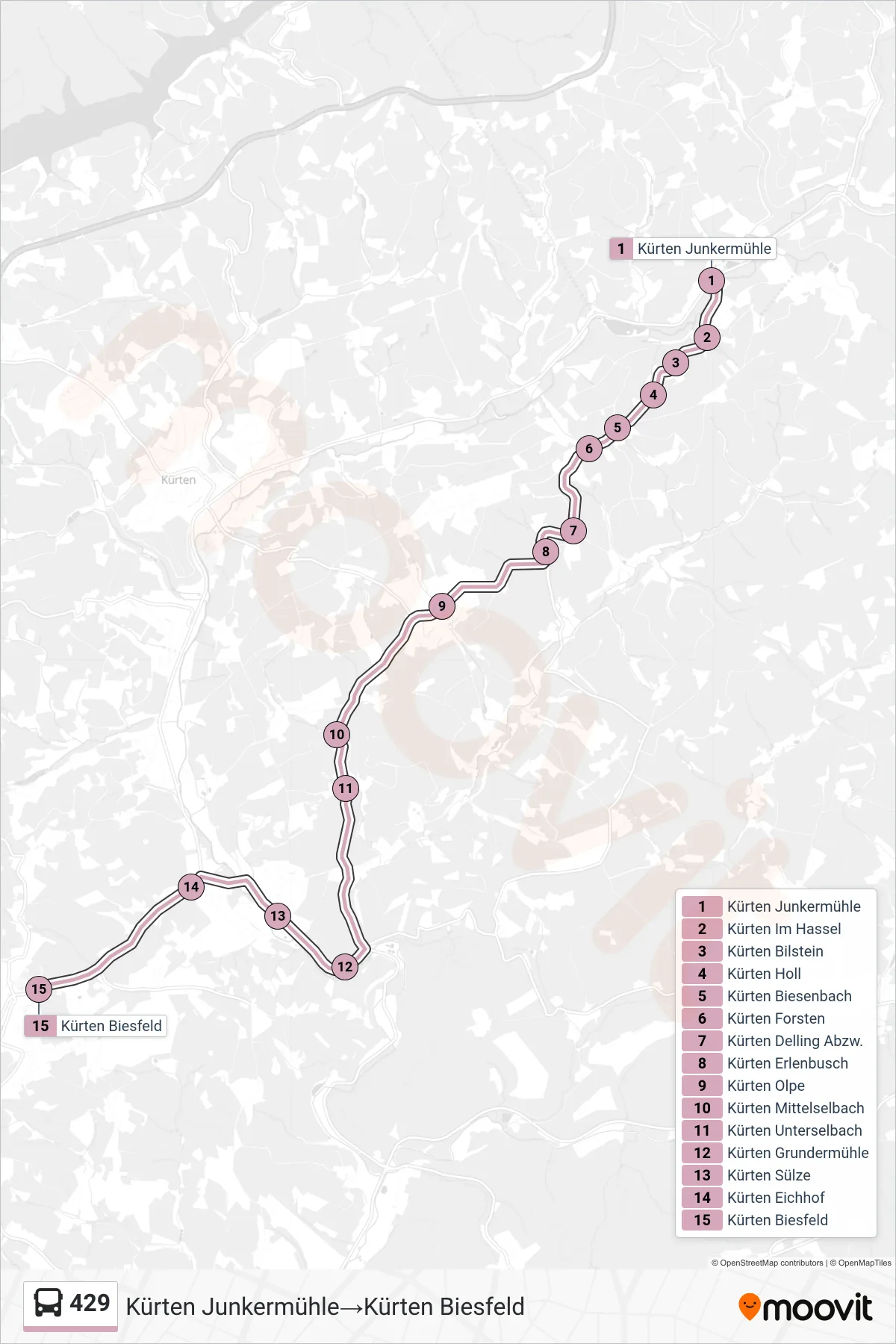 Linie 429 (Bus) Richtung Kürten Junkermühle‎→Kürten Biesfeld: Route und Haltestellen auf der Karte