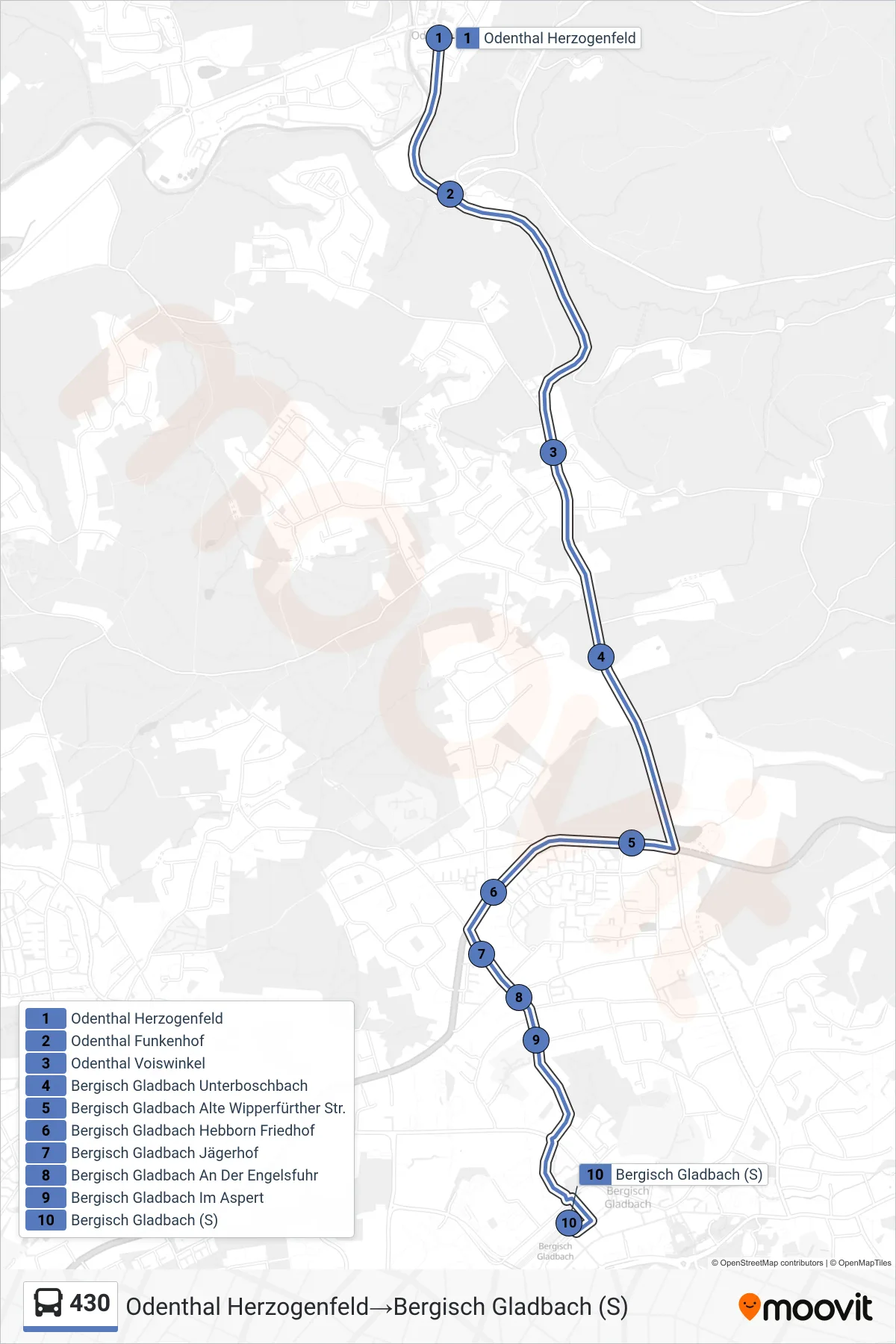 Linie 430 (Bus) Richtung Odenthal Herzogenfeld→Bergisch Gladbach (S): Route und Haltestellen auf der Karte