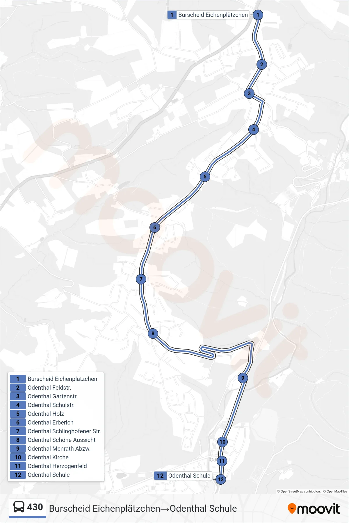Linie 430 (Bus) Richtung Burscheid Eichenplätzchen→Odenthal Schule: Route und Haltestellen auf der Karte
