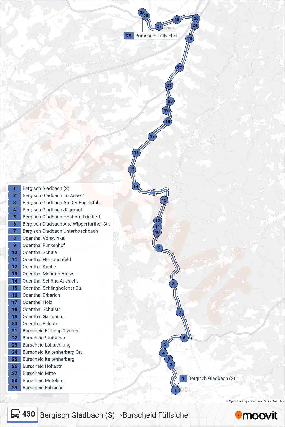 Linie 430 (Bus) Richtung Bergisch Gladbach (S)‎→Burscheid Füllsichel: Route und Haltestellen auf der Karte