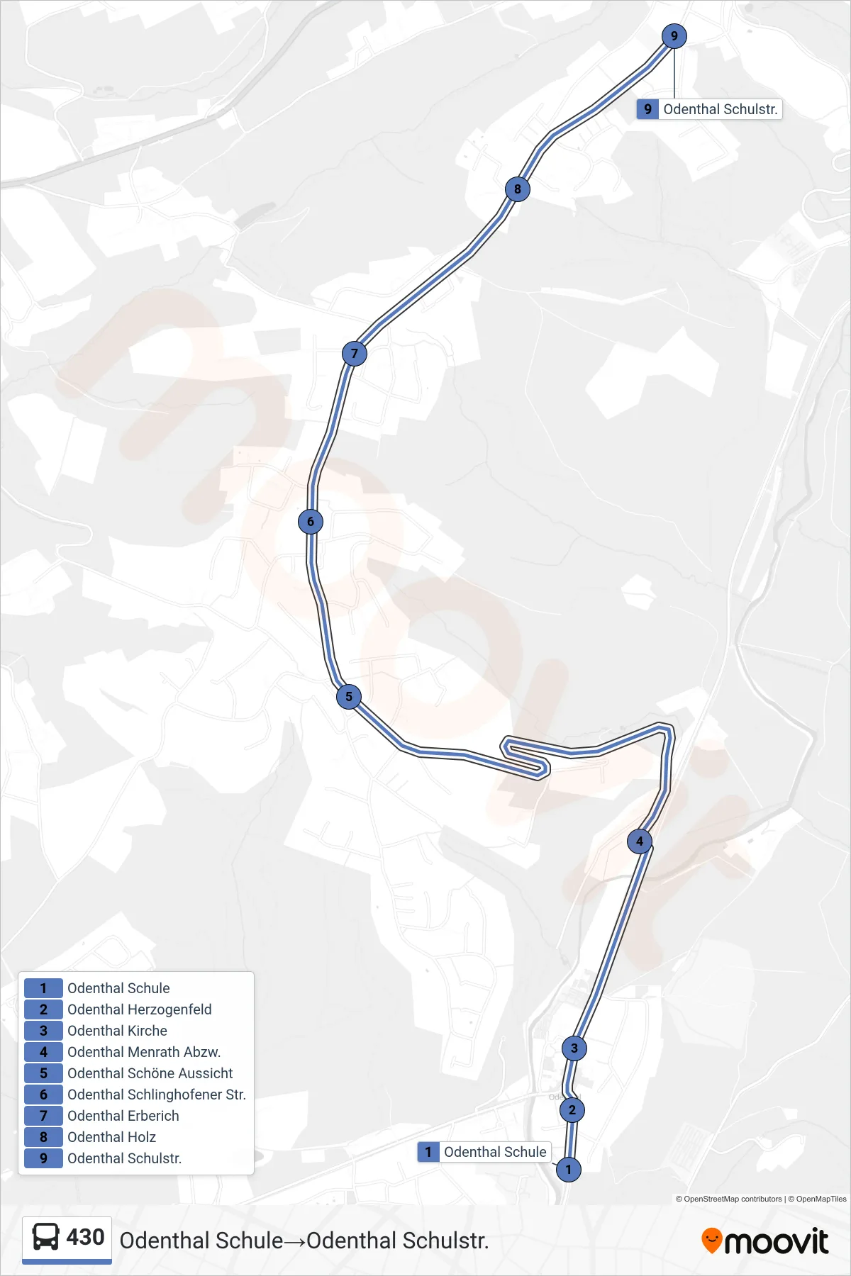 Linie 430 (Bus) Richtung Odenthal Schule→Odenthal Schulstr.: Route und Haltestellen auf der Karte