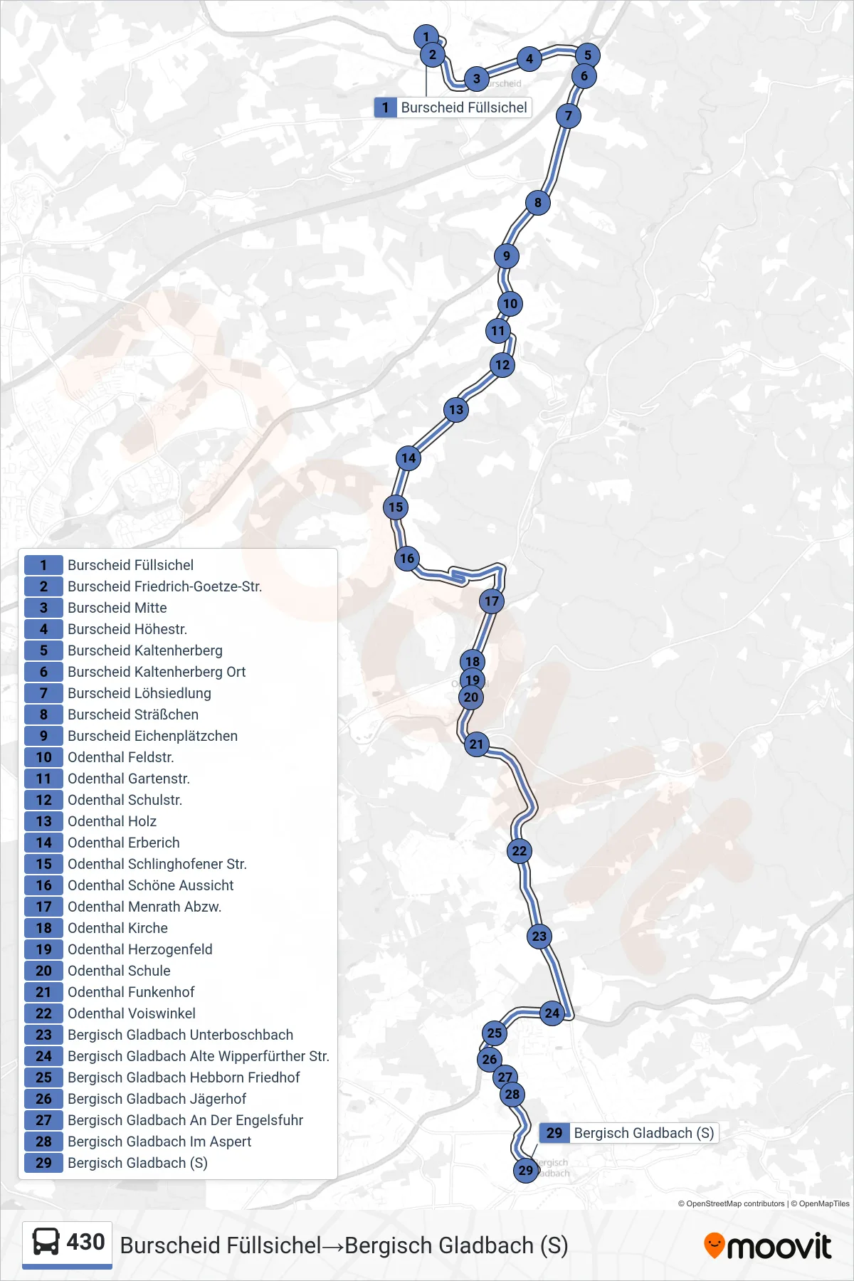Linie 430 (Bus) Richtung Burscheid Füllsichel→Bergisch Gladbach (S): Route und Haltestellen auf der Karte