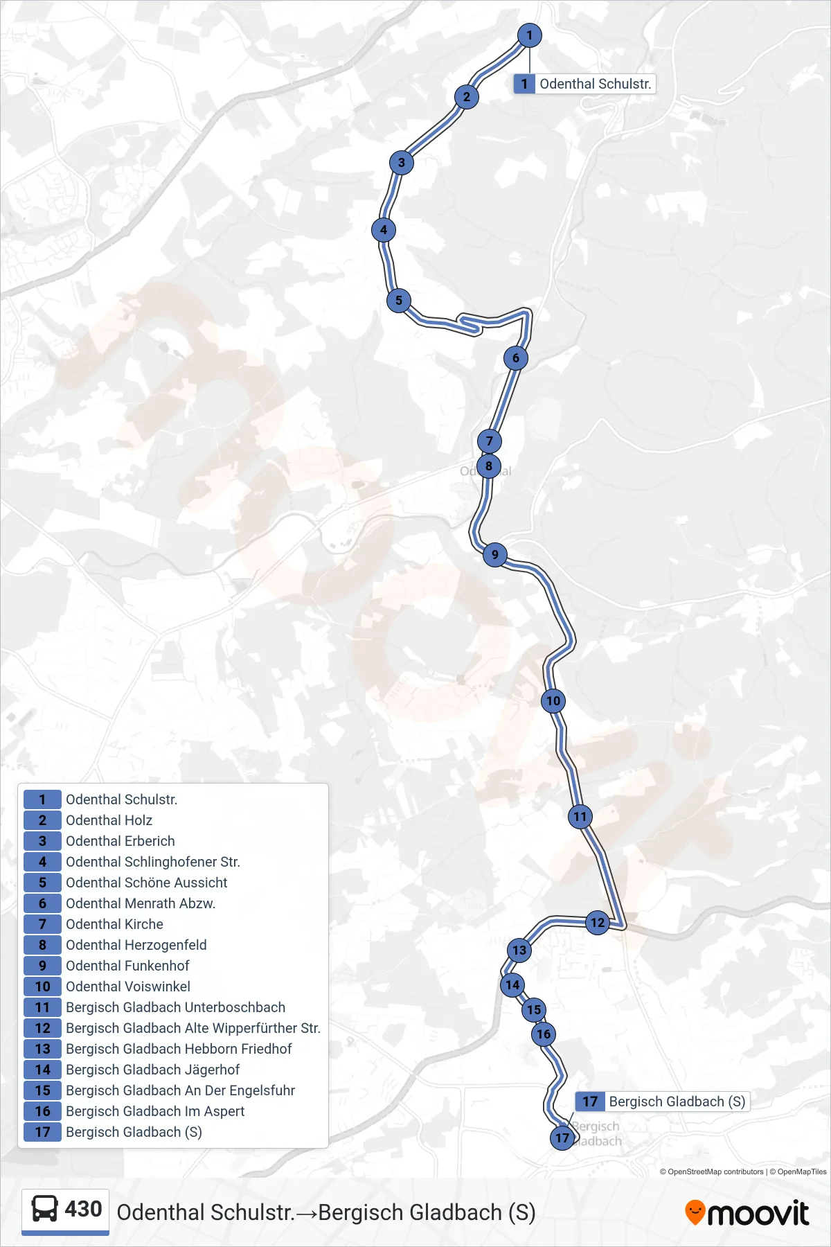 Linie 430 (Bus) Richtung Odenthal Schulstr.→Bergisch Gladbach (S): Route und Haltestellen auf der Karte
