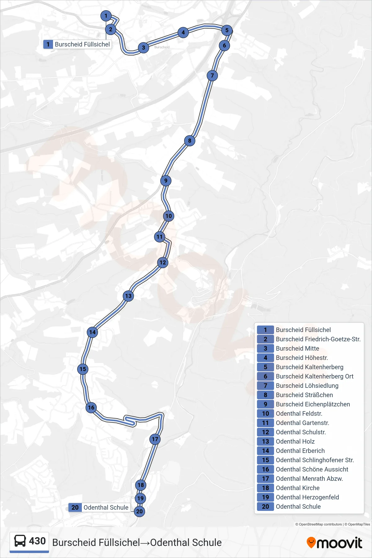 Linie 430 (Bus) Richtung Burscheid Füllsichel‎→Odenthal Schule: Route und Haltestellen auf der Karte