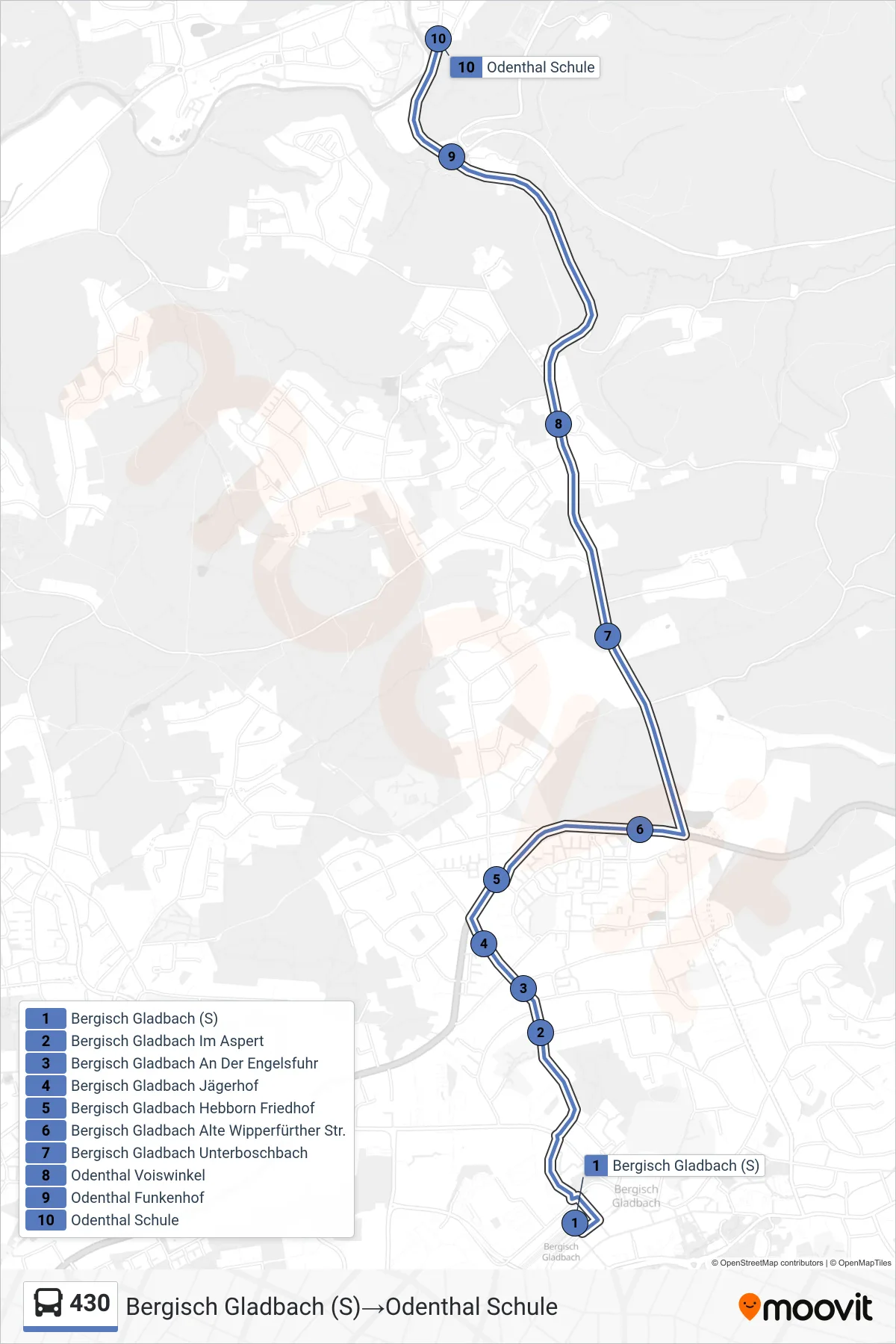 Linie 430 (Bus) Richtung Bergisch Gladbach (S)‎→Odenthal Schule: Route und Haltestellen auf der Karte