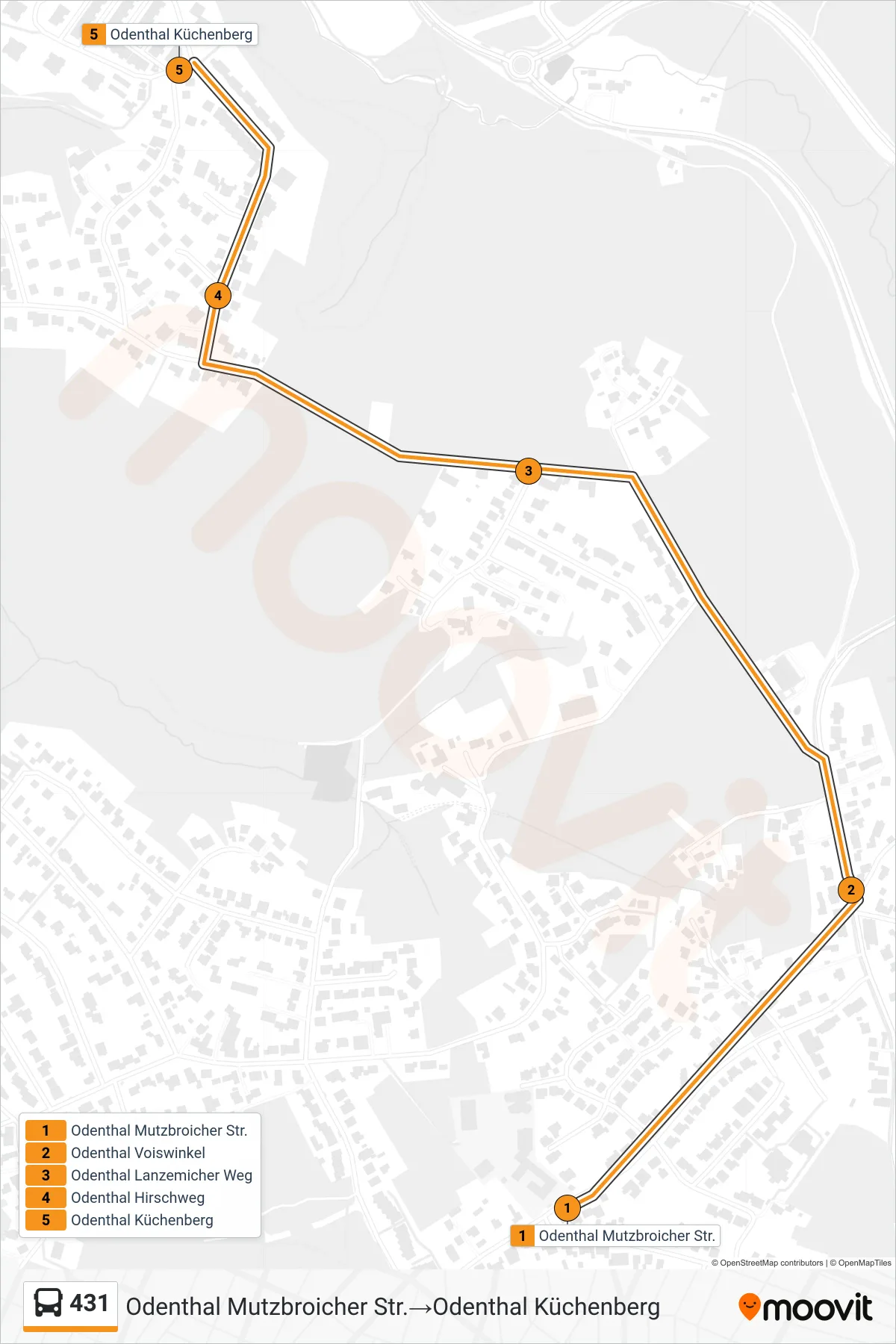 Linie 431 (Bus) Richtung Odenthal Mutzbroicher Str.→Odenthal Küchenberg: Route und Haltestellen auf der Karte