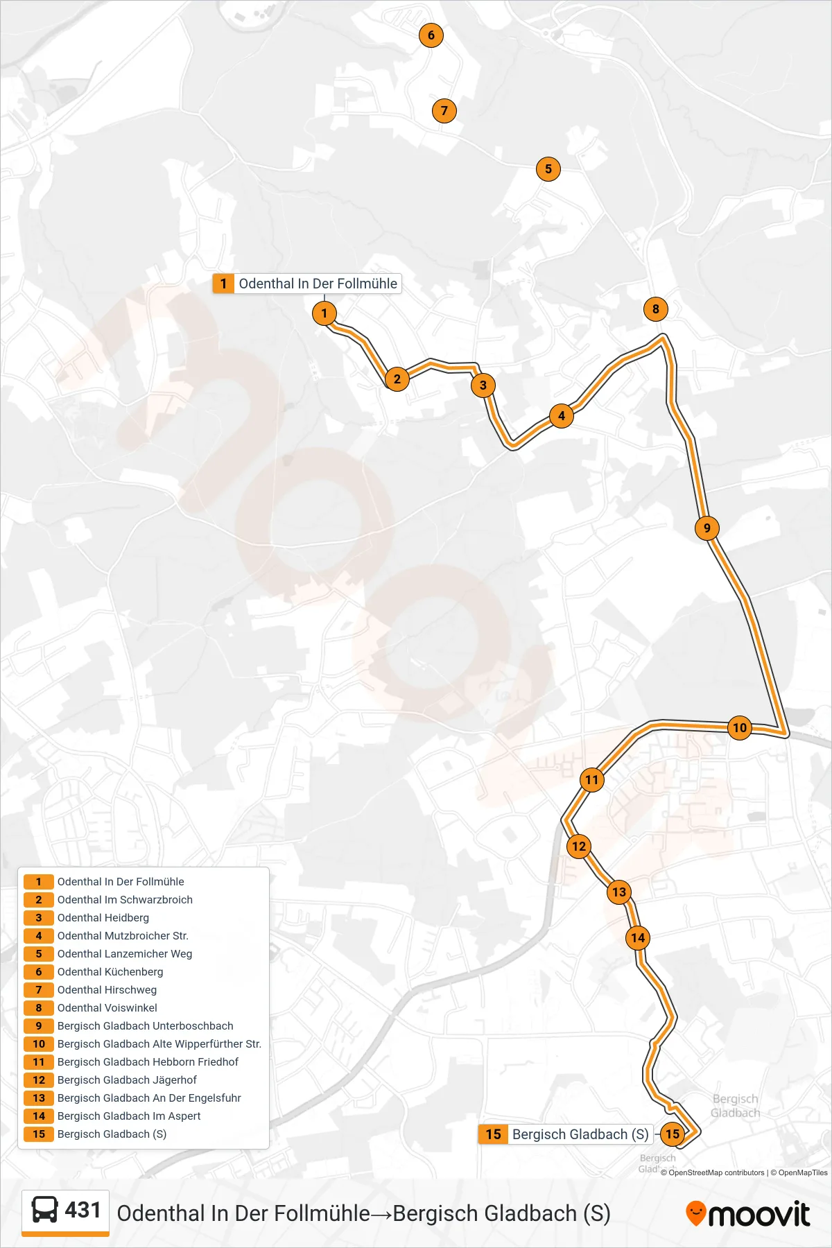 Linie 431 (Bus) Richtung Odenthal In Der Follmühle→Bergisch Gladbach (S): Route und Haltestellen auf der Karte