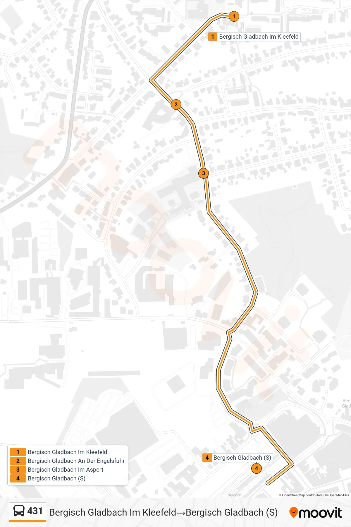 Linie 431 (Bus) Richtung Bergisch Gladbach Im Kleefeld→Bergisch Gladbach (S): Route und Haltestellen auf der Karte