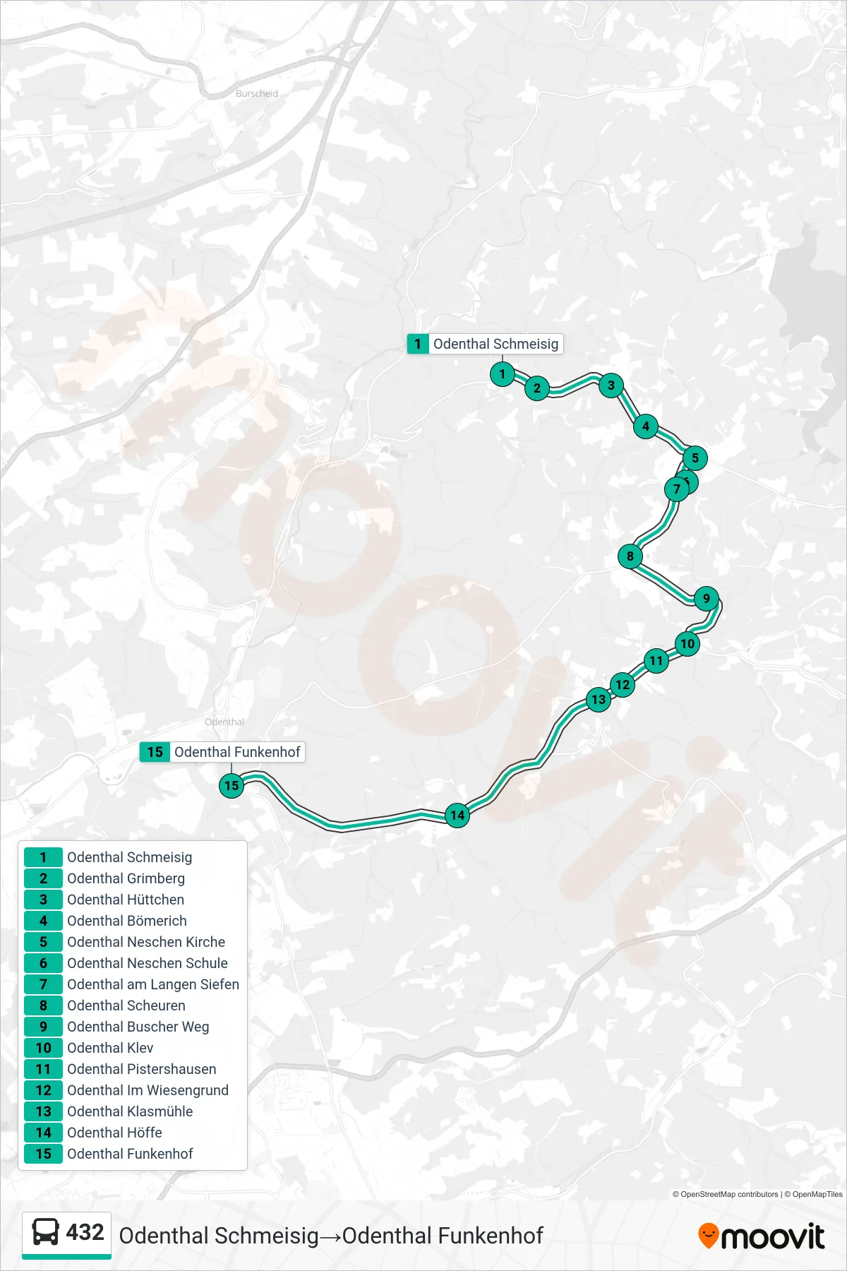 432 bus Line (Odenthal Schmeisig→Odenthal Funkenhof) route and stops on a map