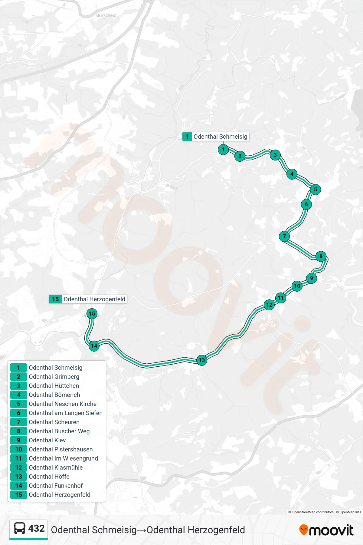 Linie 432 (Bus) Richtung Odenthal Schmeisig‎→Odenthal Herzogenfeld: Route und Haltestellen auf der Karte