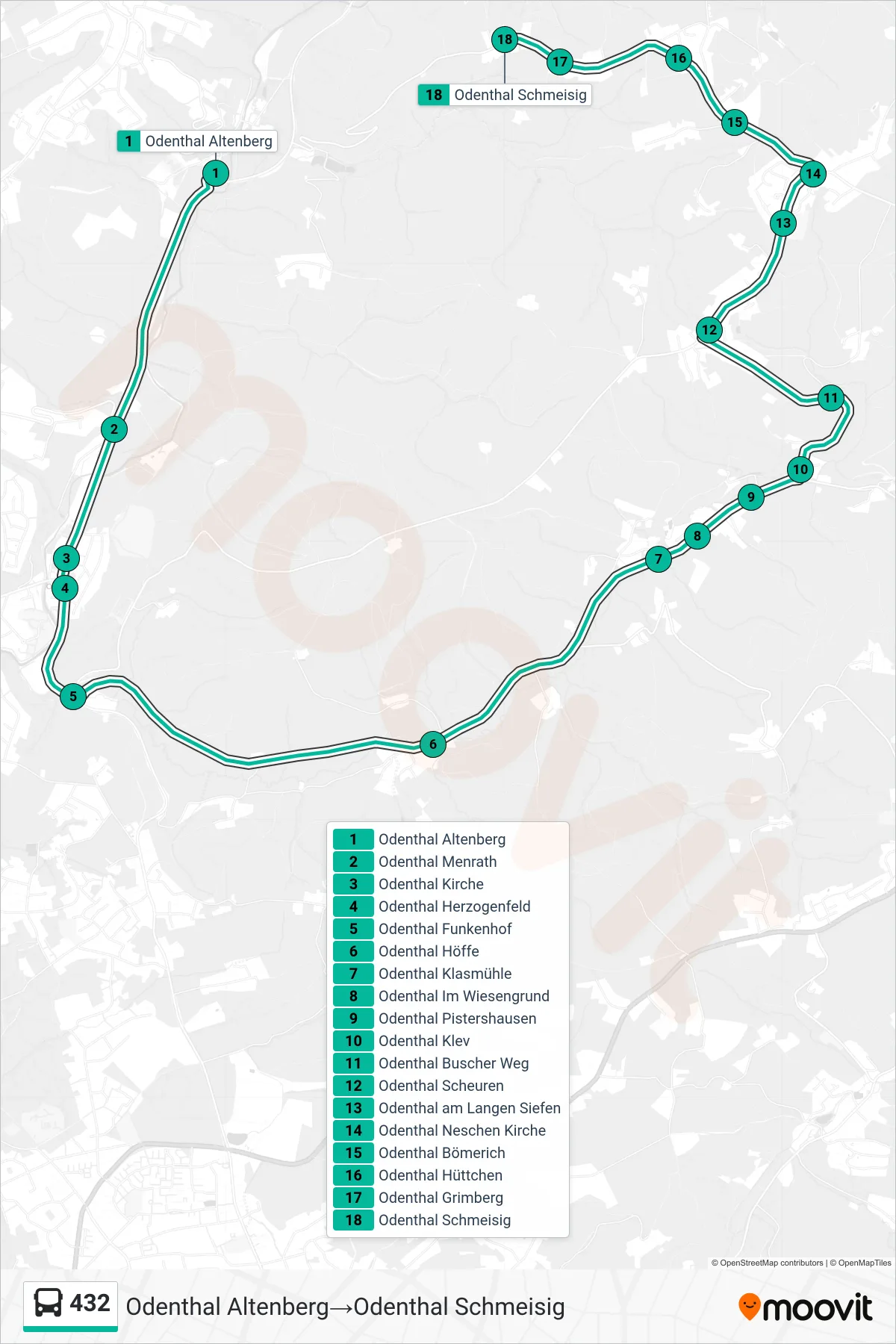 Linie 432 (Bus) Richtung Odenthal Altenberg‎→Odenthal Schmeisig: Route und Haltestellen auf der Karte