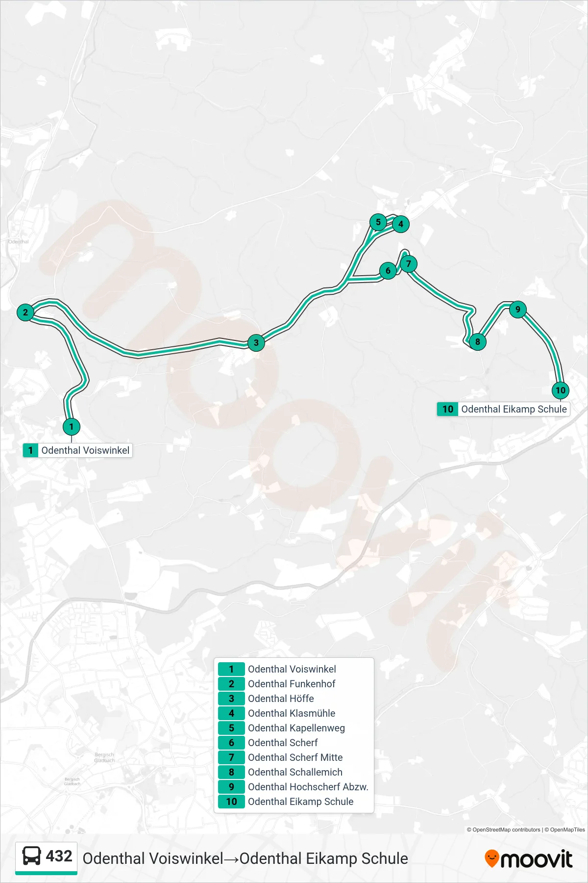 432 bus Line (Odenthal Voiswinkel→Odenthal Eikamp Schule) route and stops on a map