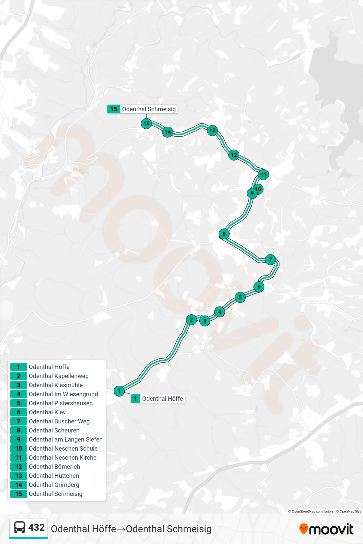 Linie 432 (Bus) Richtung Odenthal Höffe‎→Odenthal Schmeisig: Route und Haltestellen auf der Karte