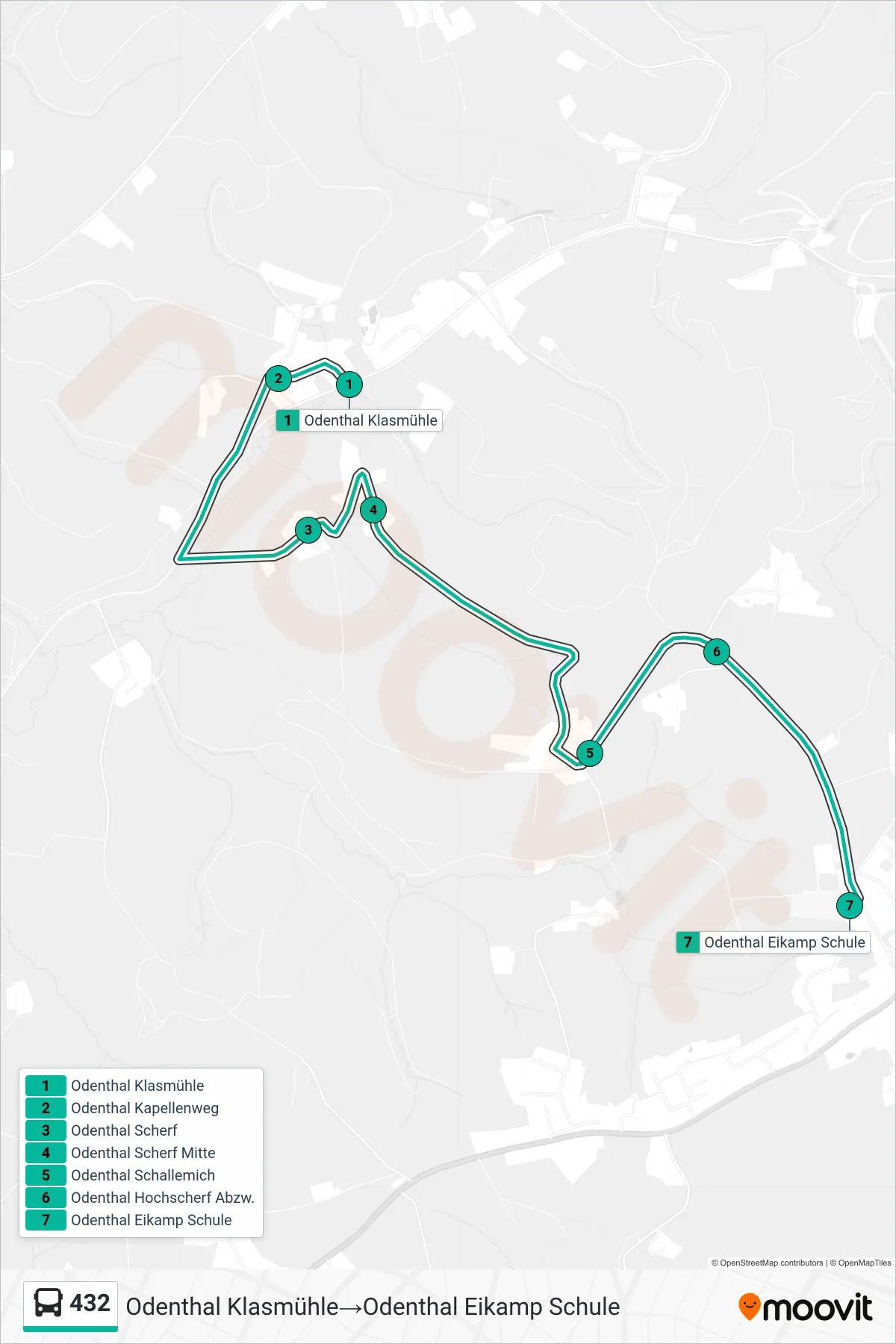 Linie 432 (Bus) Richtung Odenthal Klasmühle→Odenthal Eikamp Schule: Route und Haltestellen auf der Karte