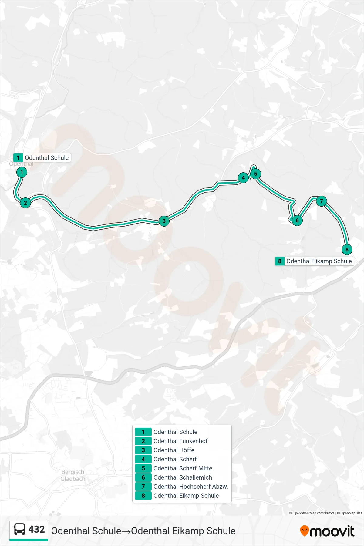 Linie 432 (Bus) Richtung Odenthal Schule→Odenthal Eikamp Schule: Route und Haltestellen auf der Karte