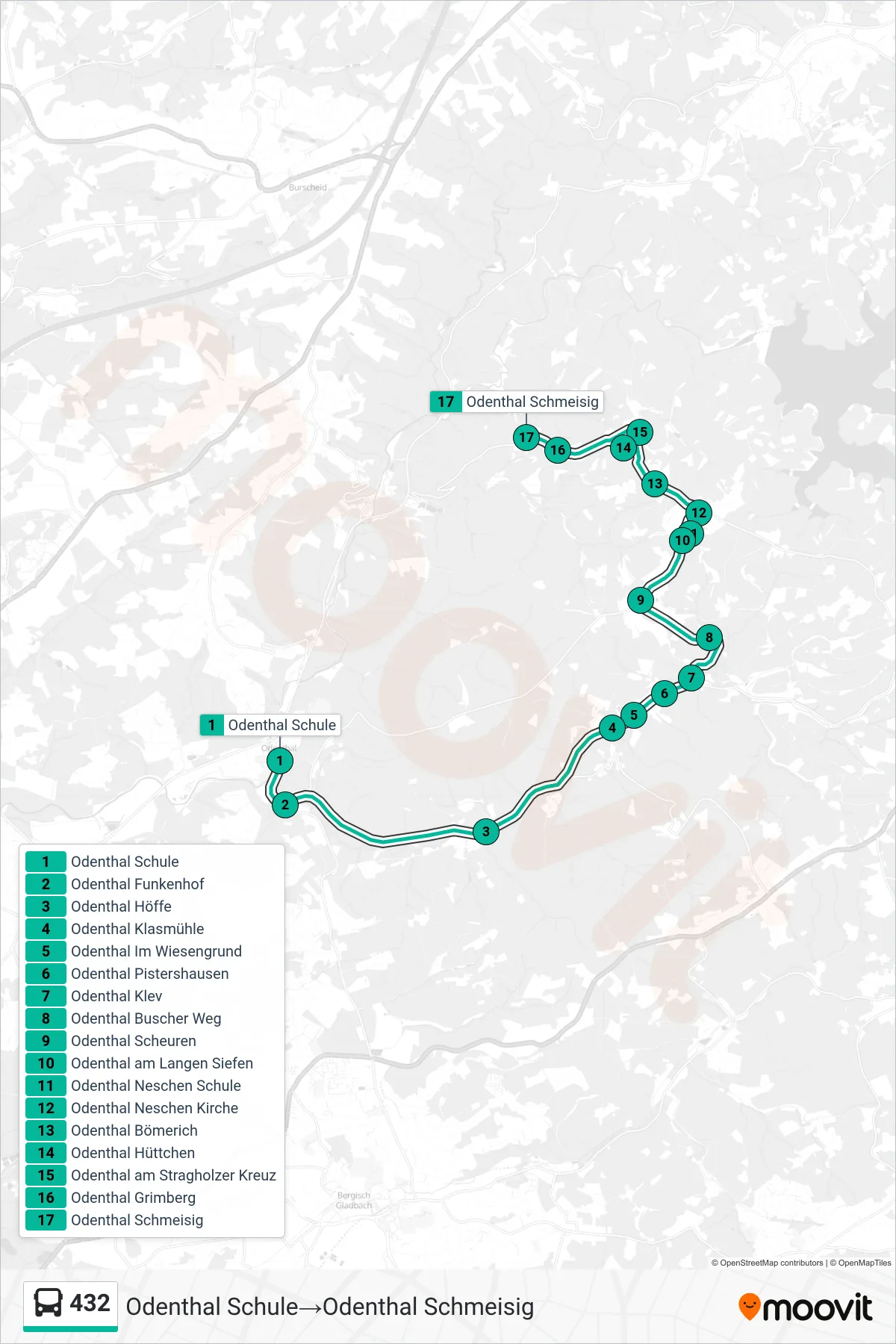 Linie 432 (Bus) Richtung Odenthal Schule‎→Odenthal Schmeisig: Route und Haltestellen auf der Karte