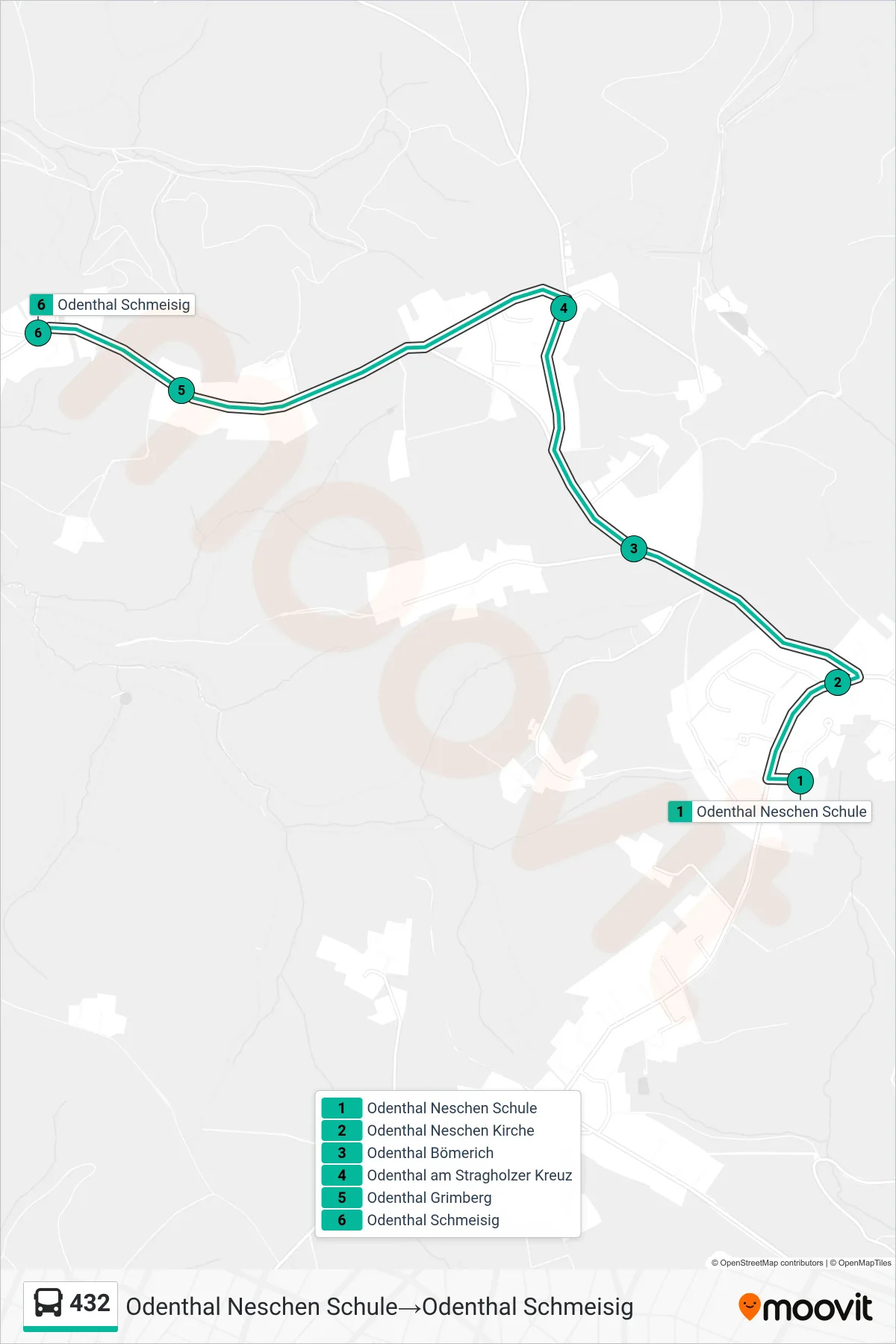 Linie 432 (Bus) Richtung Odenthal Neschen Schule‎→Odenthal Schmeisig: Route und Haltestellen auf der Karte