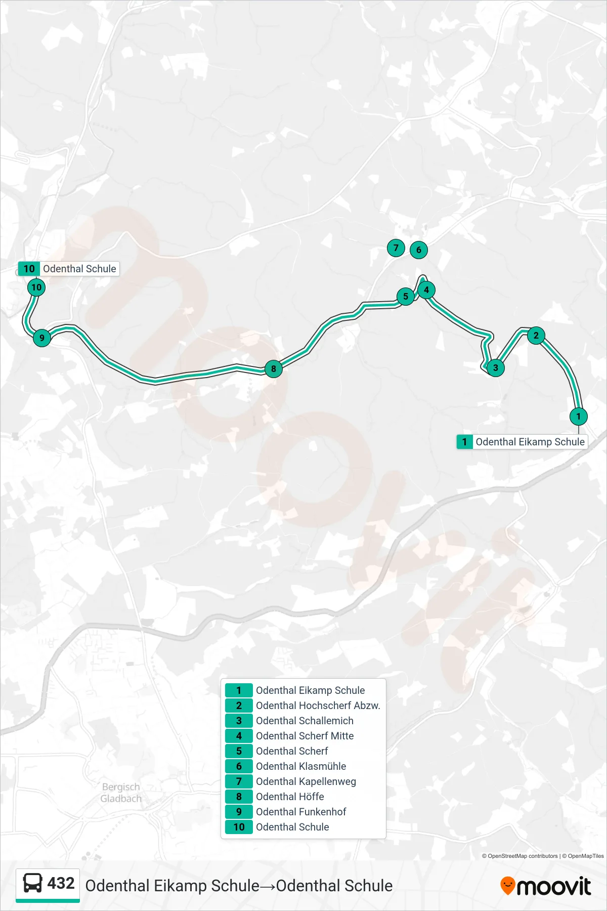 Linie 432 (Bus) Richtung Odenthal Eikamp Schule→Odenthal Schule: Route und Haltestellen auf der Karte