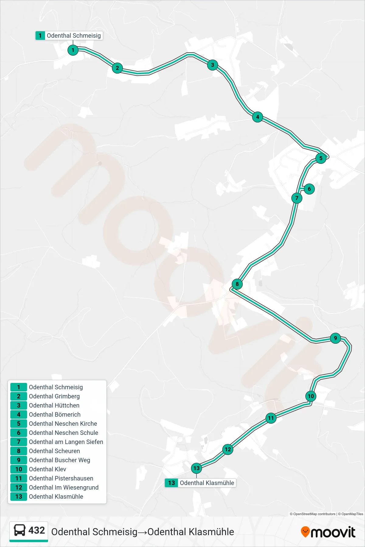 432 bus Line (Odenthal Schmeisig→Odenthal Klasmühle) route and stops on a map