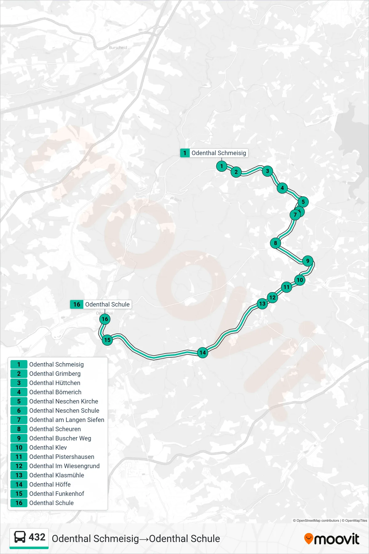 Linie 432 (Bus) Richtung Odenthal Schmeisig→Odenthal Schule: Route und Haltestellen auf der Karte