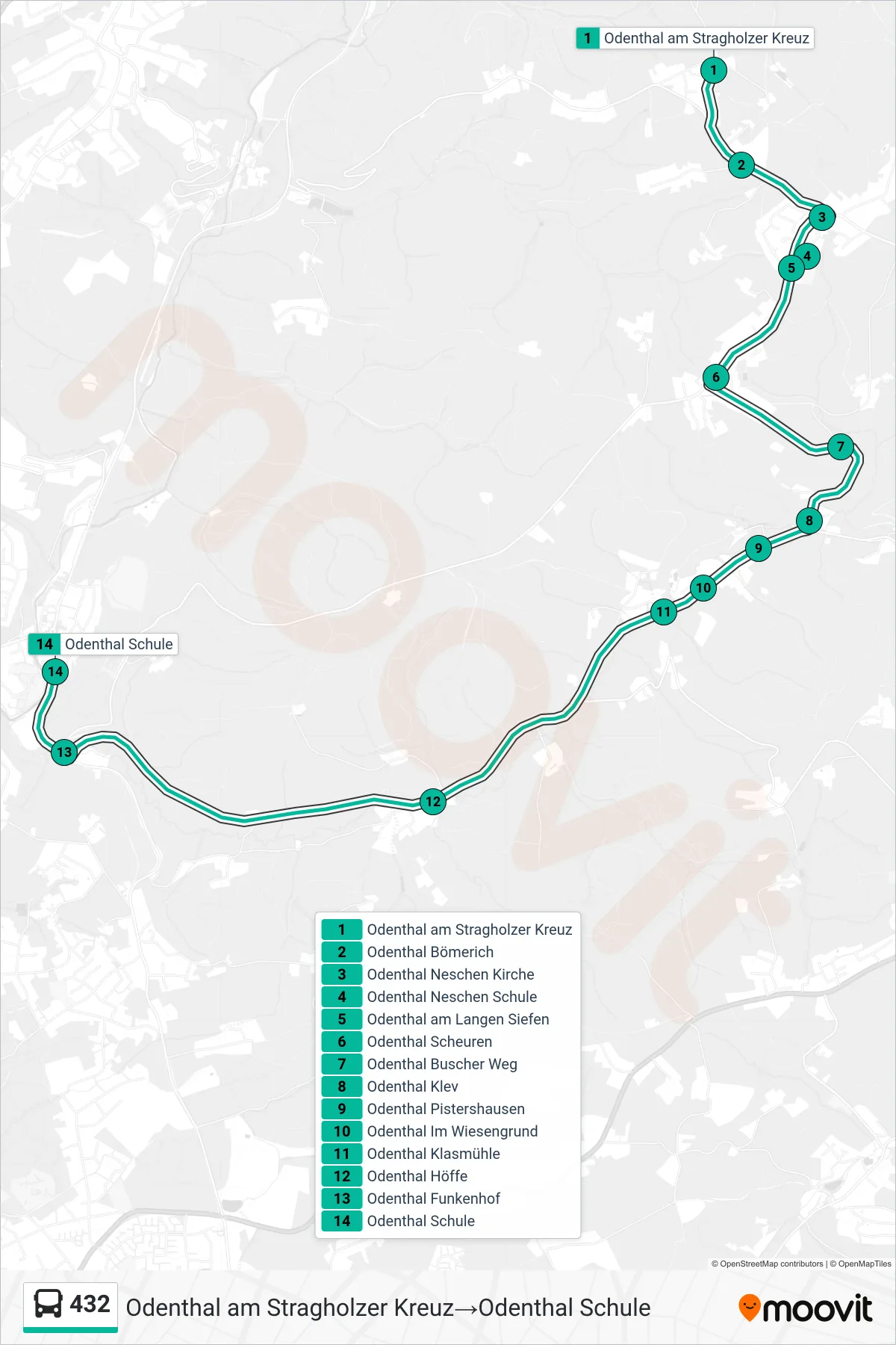Linie 432 (Bus) Richtung Odenthal am Stragholzer Kreuz‎→Odenthal Schule: Route und Haltestellen auf der Karte