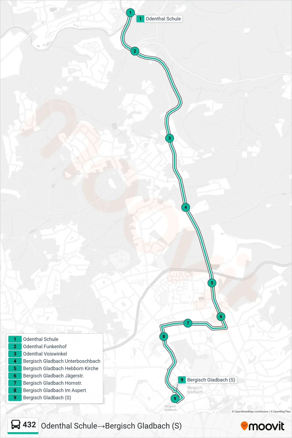 Linie 432 (Bus) Richtung Odenthal Schule‎→Bergisch Gladbach (S): Route und Haltestellen auf der Karte