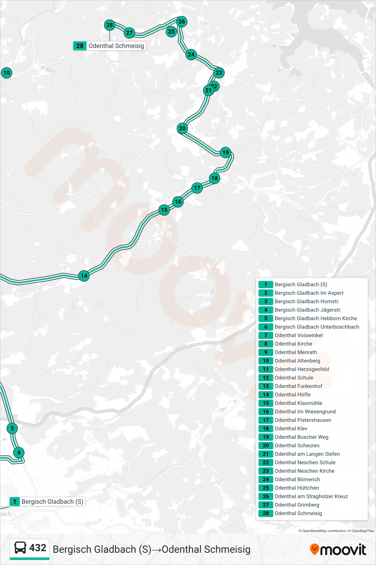 Linie 432 (Bus) Richtung Bergisch Gladbach (S)→Odenthal Schmeisig: Route und Haltestellen auf der Karte