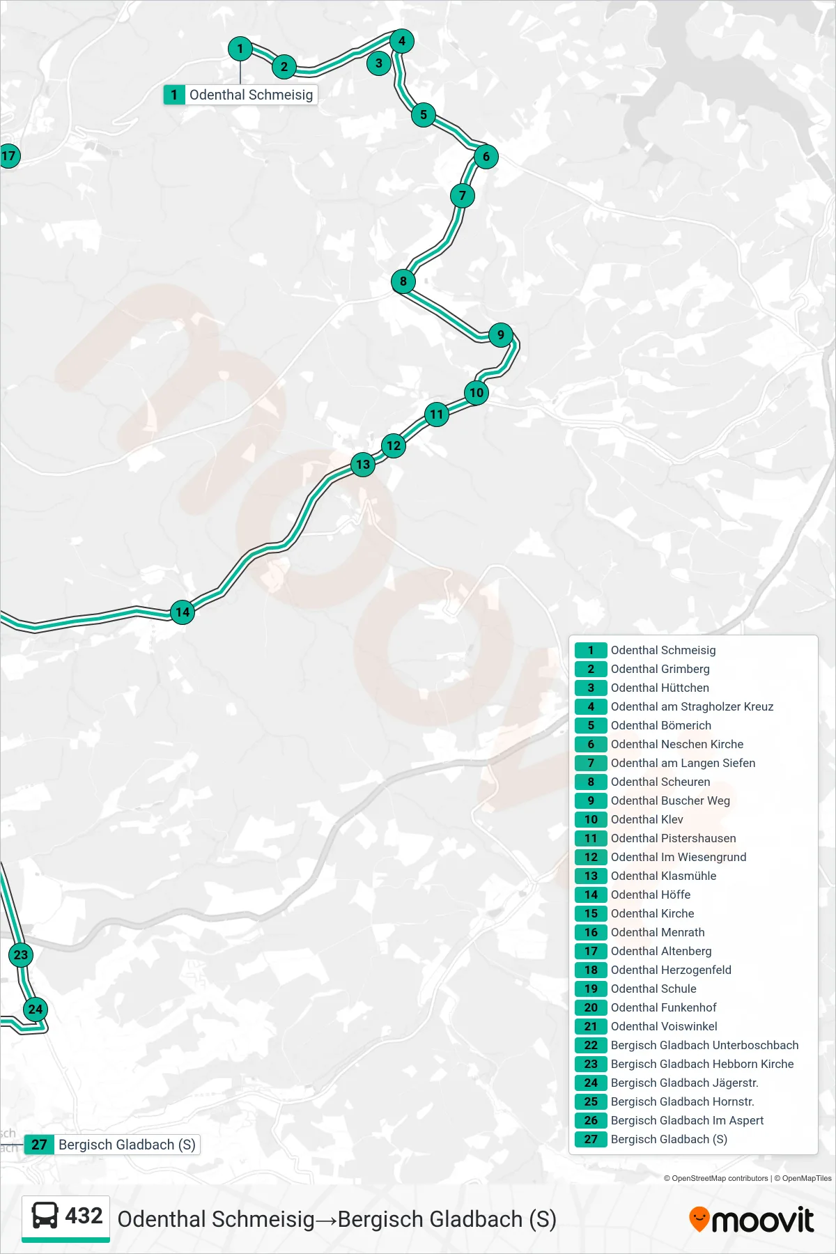 Linie 432 (Bus) Richtung Odenthal Schmeisig‎→Bergisch Gladbach (S): Route und Haltestellen auf der Karte