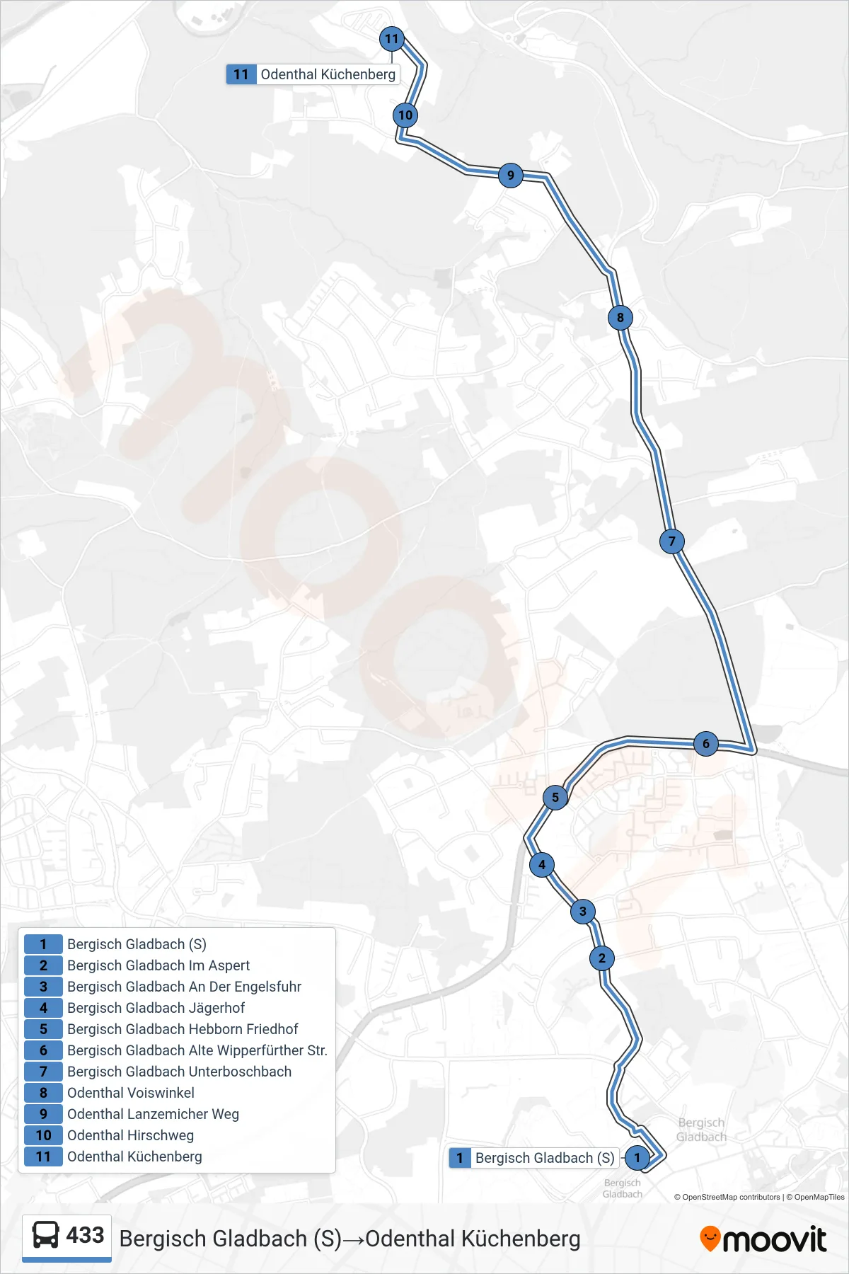 Linie 433 (Bus) Richtung Bergisch Gladbach (S)‎→Odenthal Küchenberg: Route und Haltestellen auf der Karte