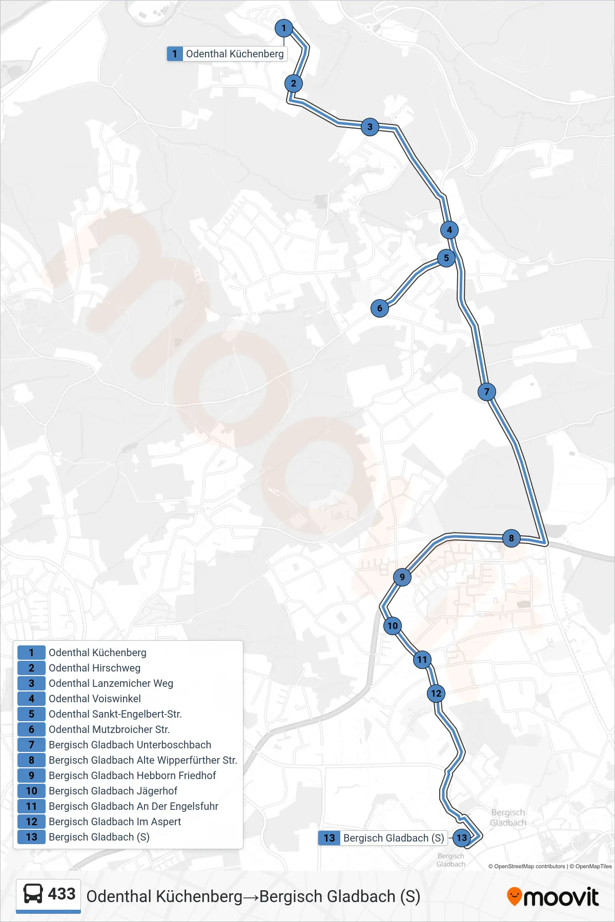 433 bus Line (Odenthal Küchenberg→Bergisch Gladbach (S)) route and stops on a map