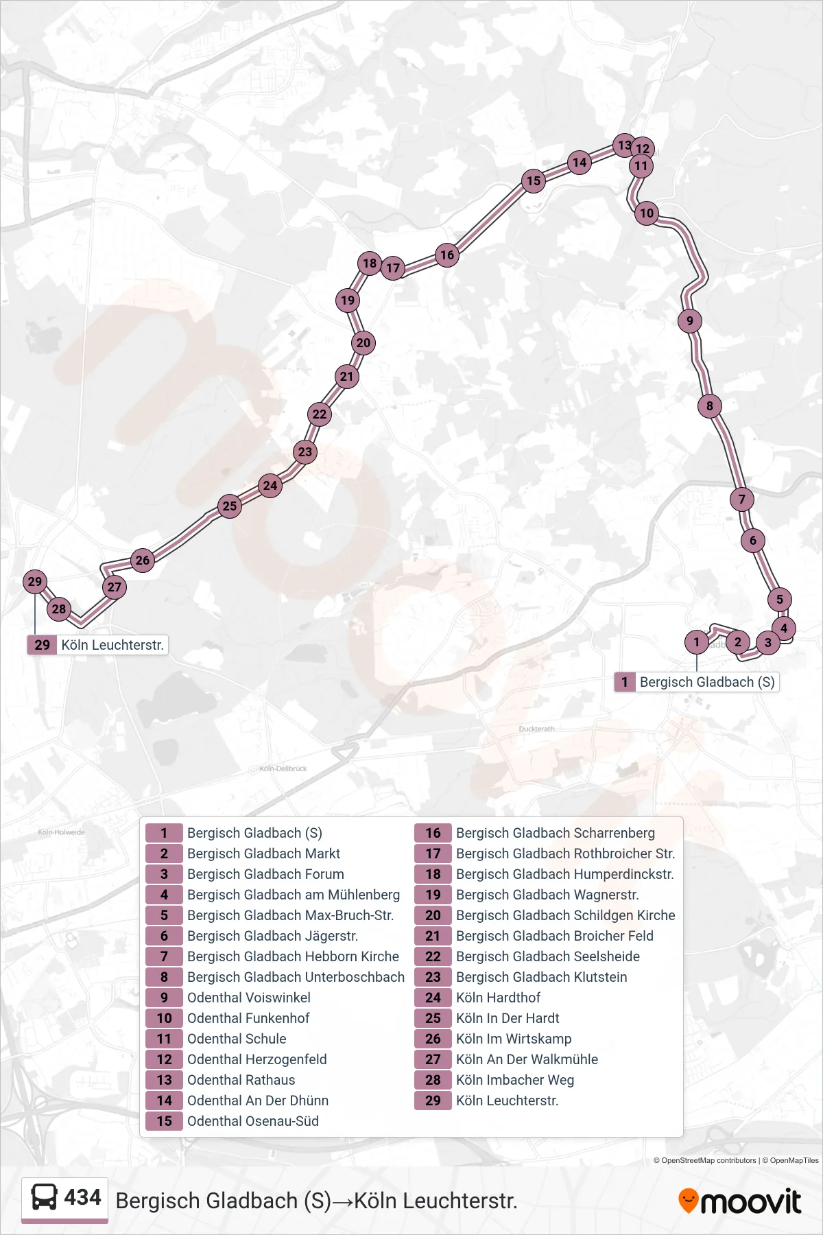 Linie 434 (Bus) Richtung Bergisch Gladbach (S)→Köln Leuchterstr.: Route und Haltestellen auf der Karte